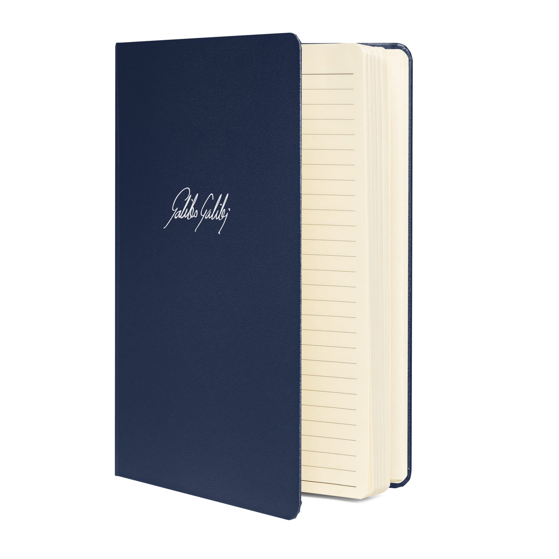 Galileo Galilei signature navy notebook side view