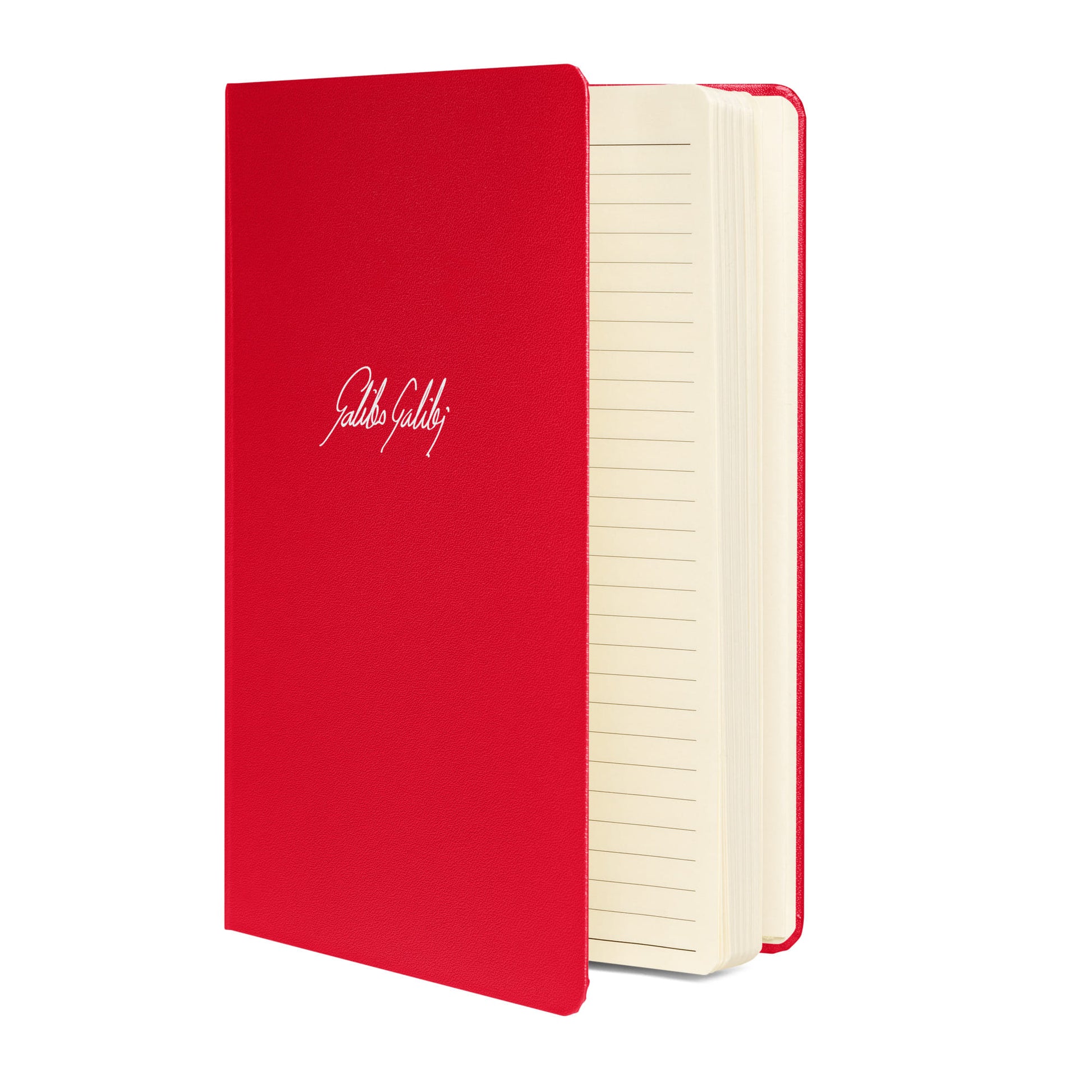 Galileo Galilei signature red notebook side view
