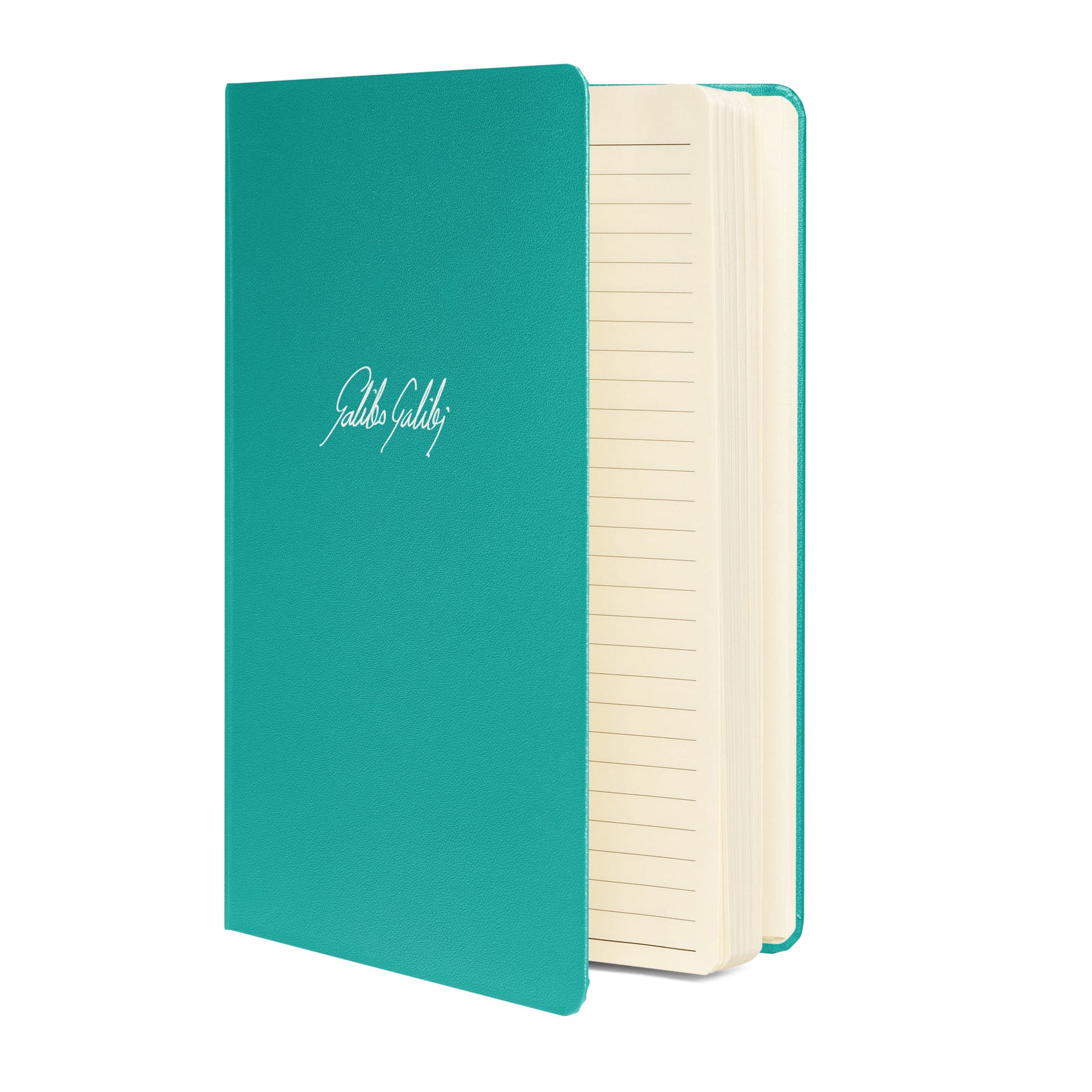 Galileo Galilei signature turquoise notebook side view