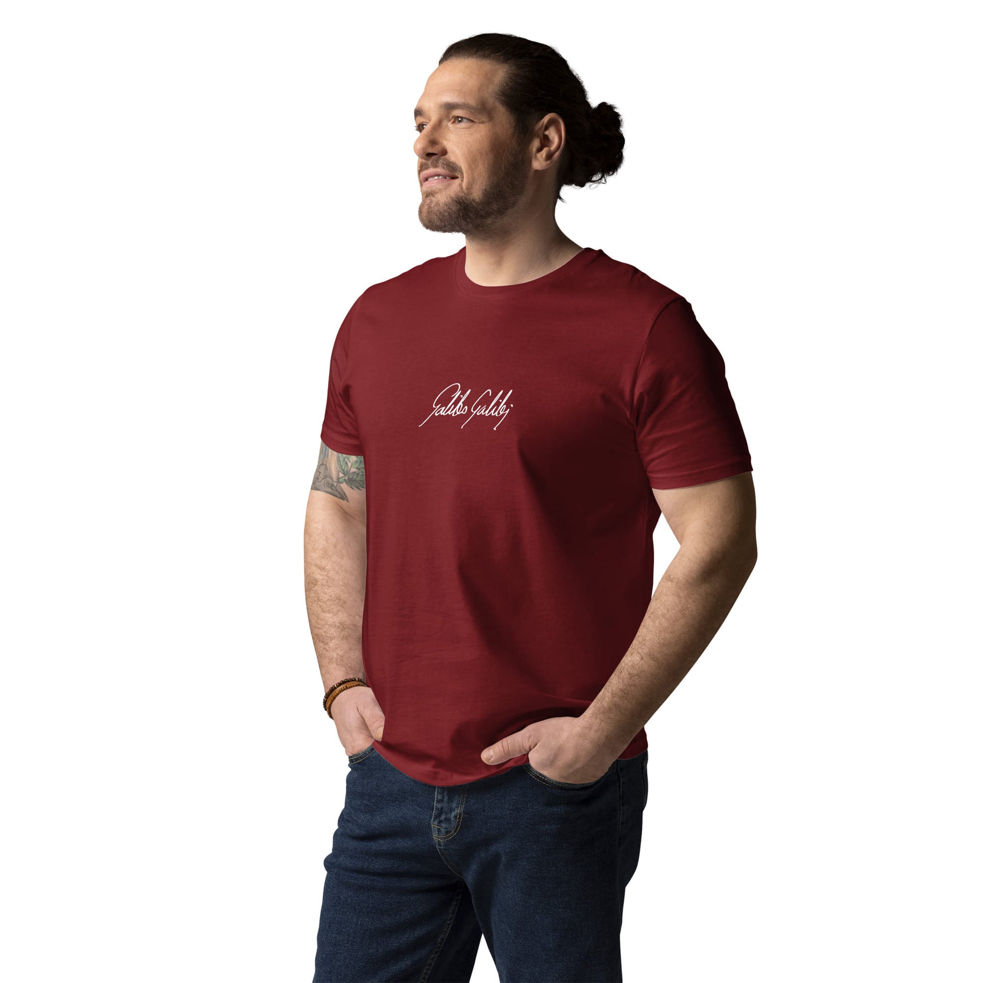 Galileo Galilei signature organic burgundy t-shirt model detail