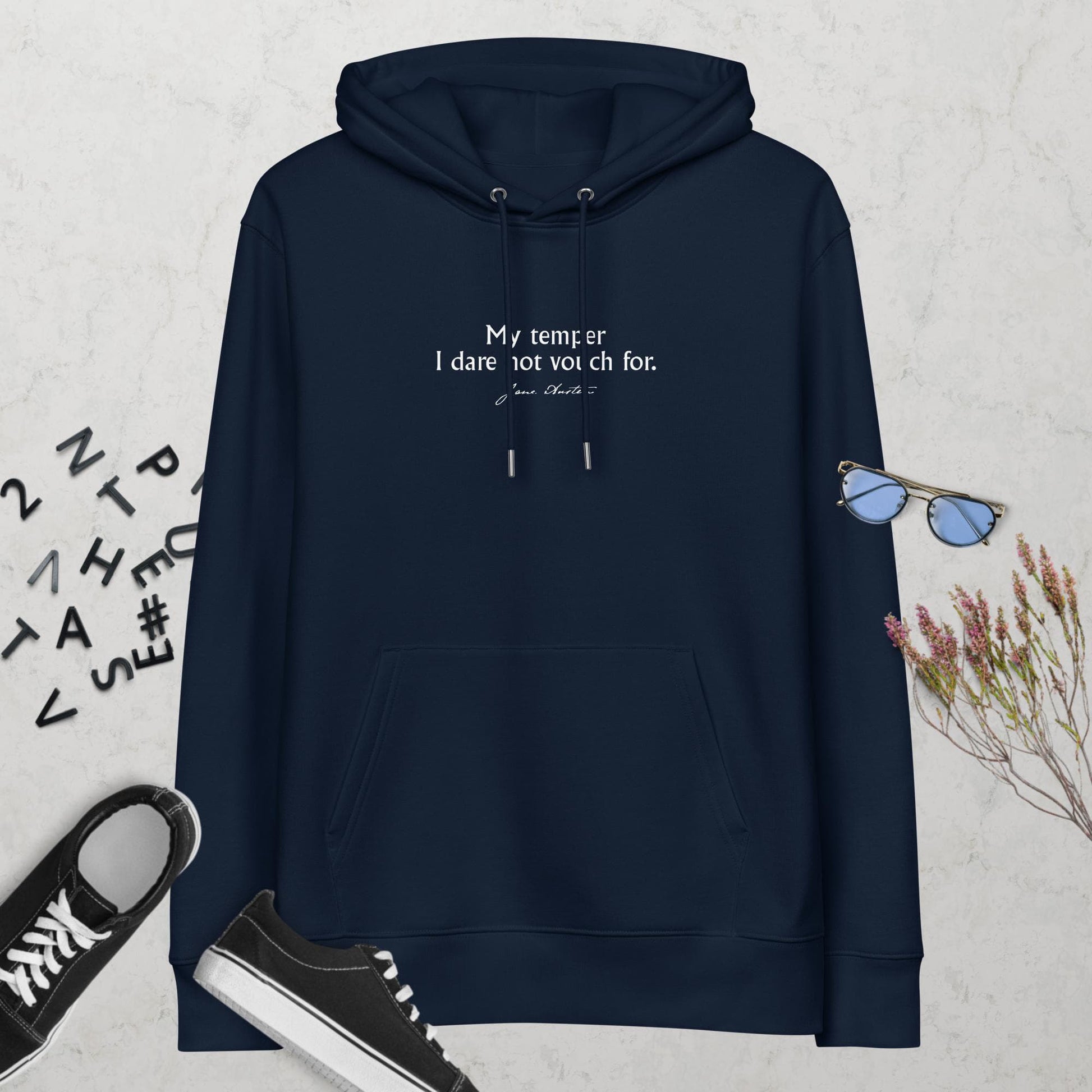 Pride and Prejudice quote hoodie 'My temper I dare not vouch for' Jane Austen, navy lifestyle