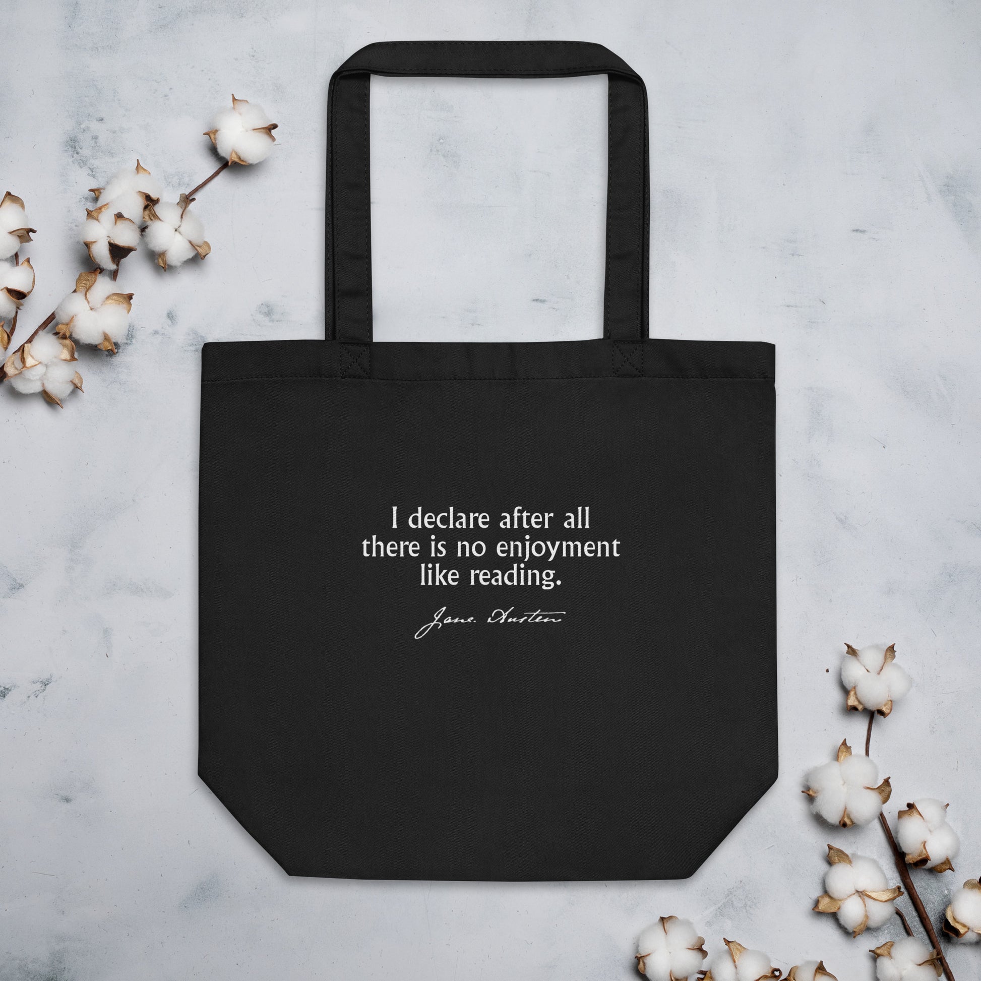 Pride and prejudice quote tote bag 'I declare after all there is no enjoyment like reading' Jane Austen, black mockup