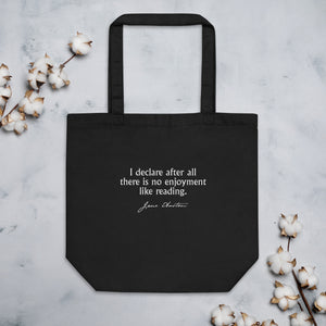 Pride and prejudice quote tote bag 'I declare after all there is no enjoyment like reading' Jane Austen, black mockup