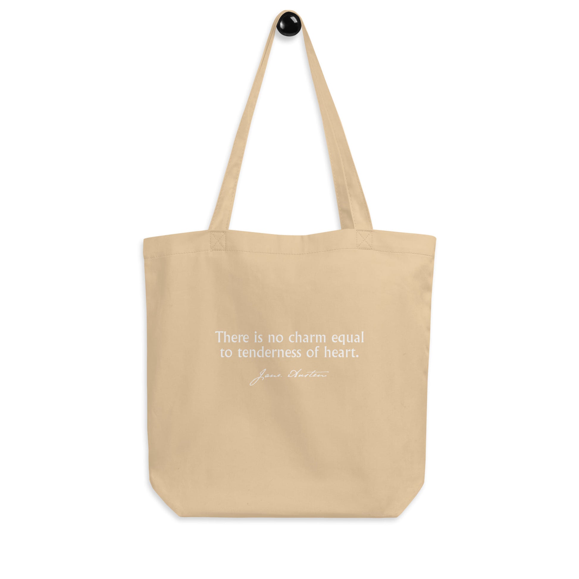 Emma quote tote bag 'No charm equal to tenderness of heart' Jane Austen, beige front