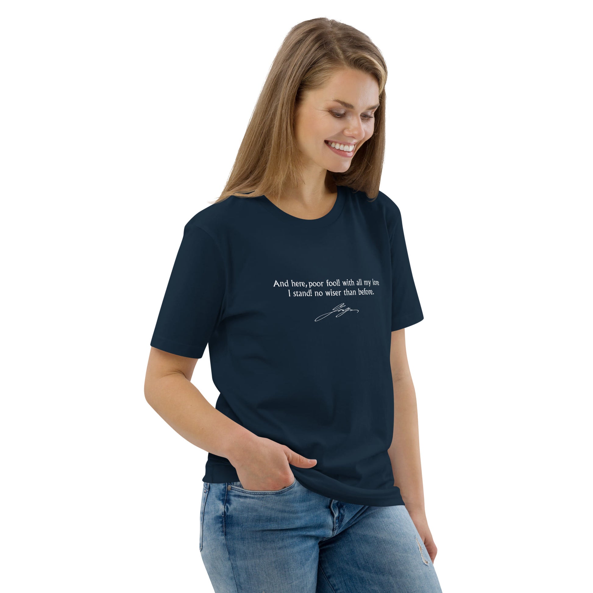 Faust quote t-shirt 'No wiser than before' Johann Wolfgang von Goethe, navy portrait