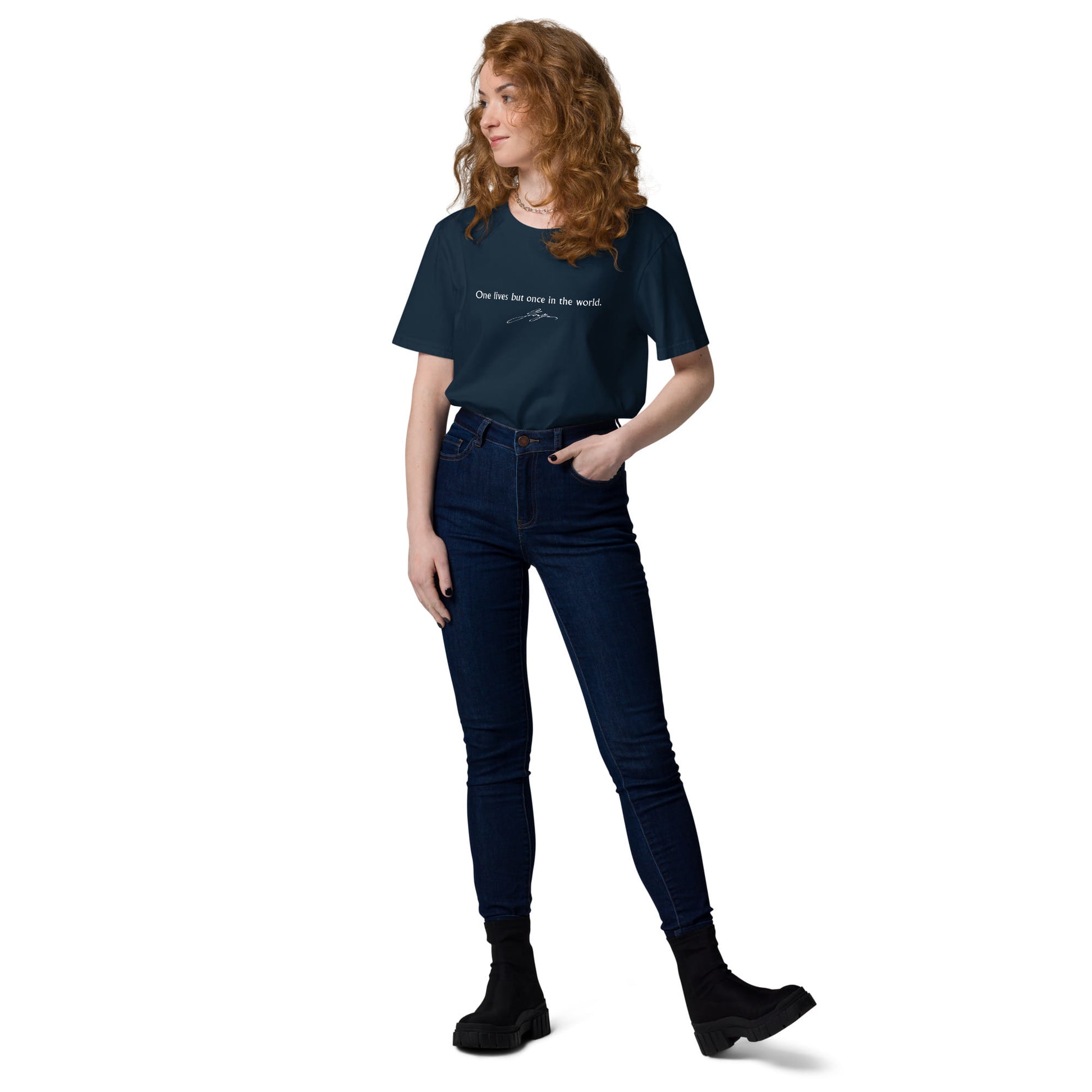 Johann Wolfgang von Goethe quote t-shirt 'One lives but once in the world', navy model view