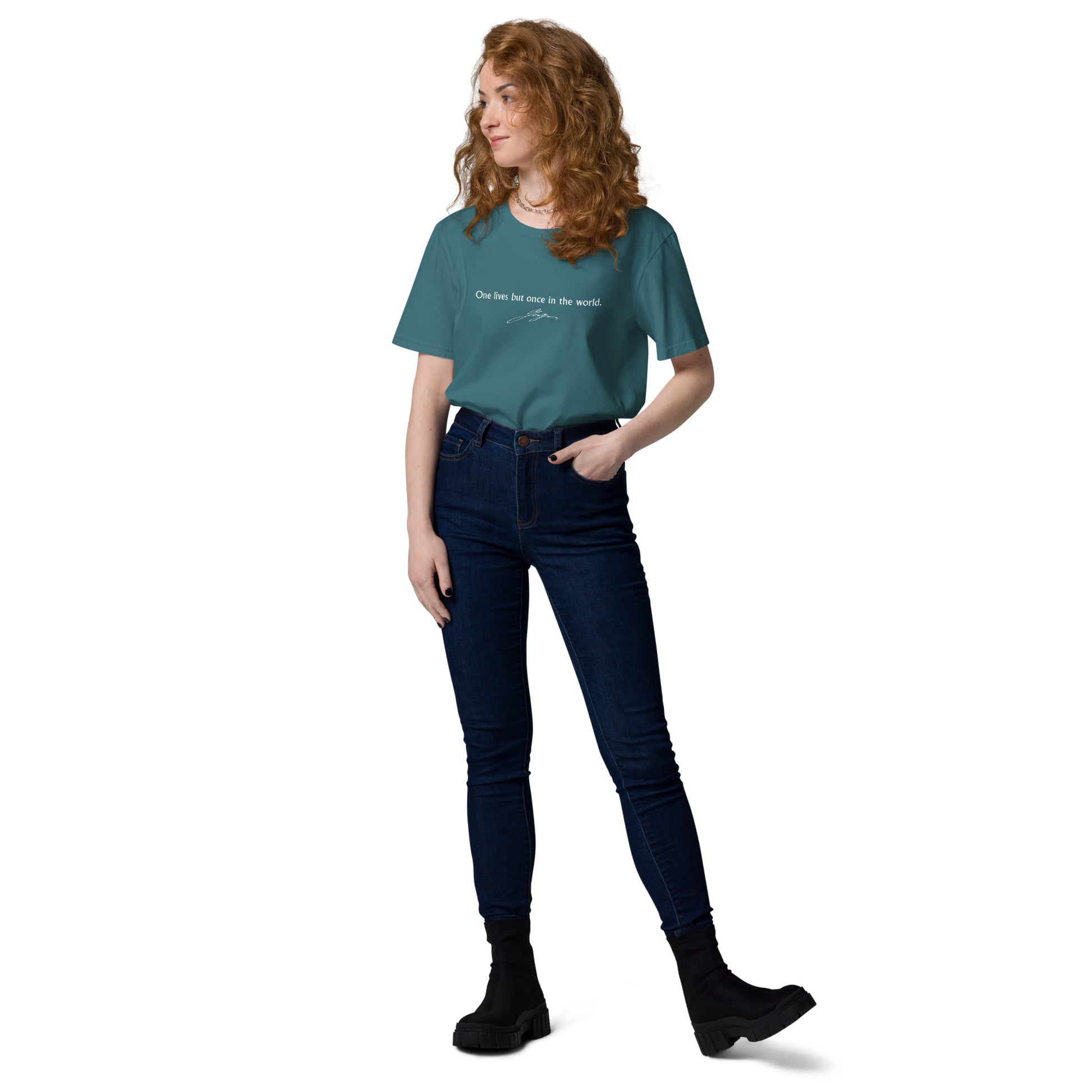 Johann Wolfgang von Goethe quote t-shirt 'One lives but once in the world', teal model view