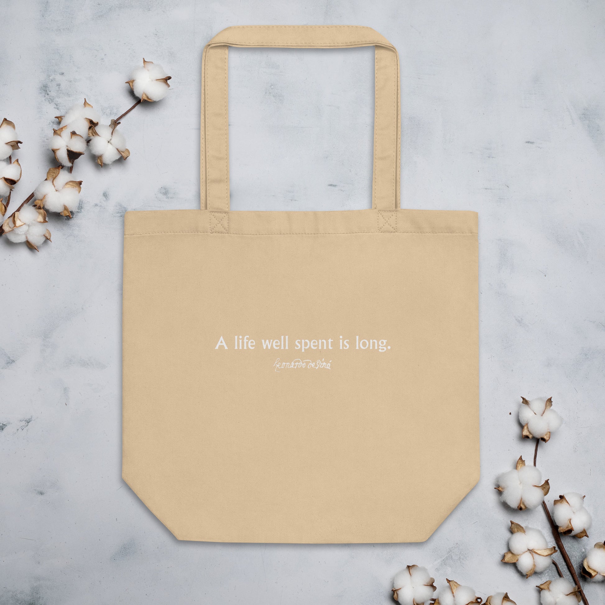 Leonardo da Vinci quote tote bag 'A life well spent is long', beige mockup