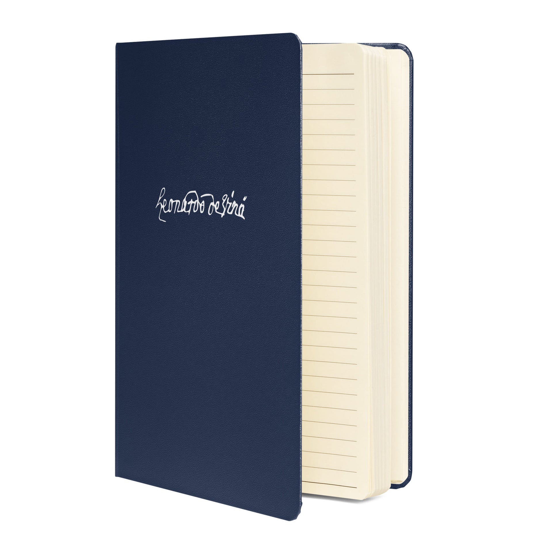 Leonardo da Vinci signature navy notebook side view