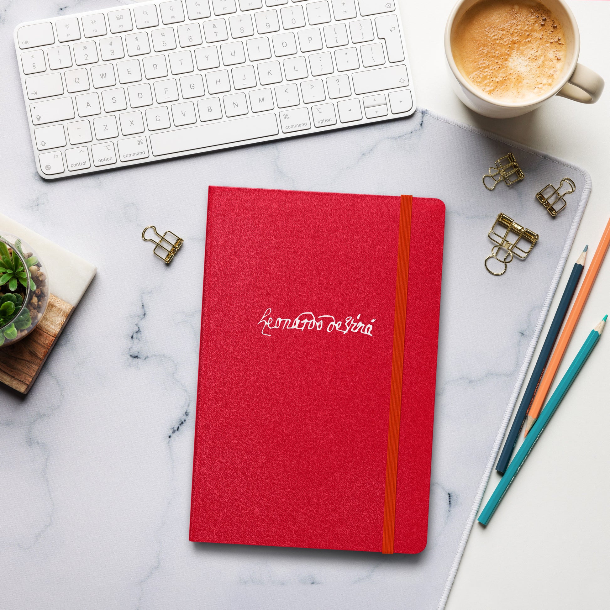 Leonardo da Vinci signature red notebook lifestyle
