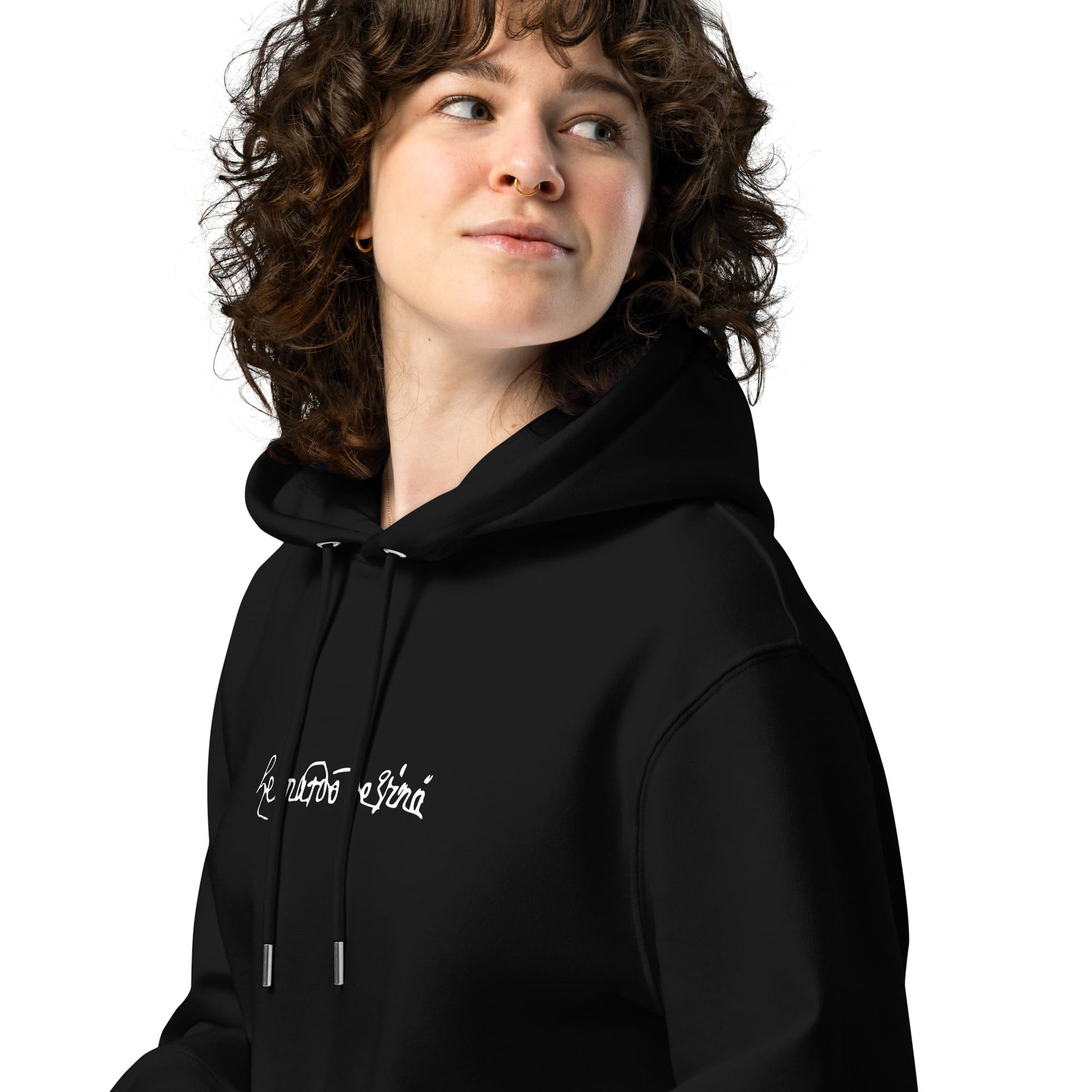 Leonardo da Vinci signature organic black hoodie model detail