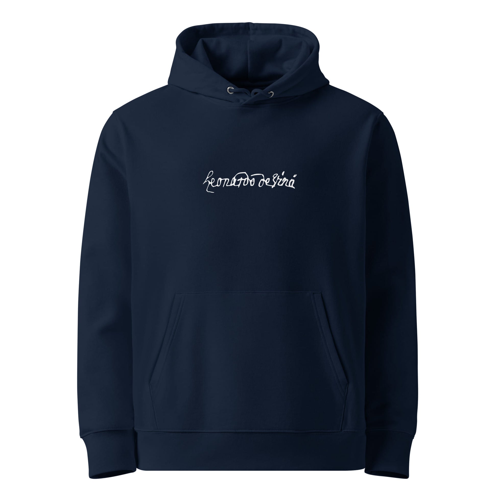 Leonardo da Vinci signature organic navy hoodie front view