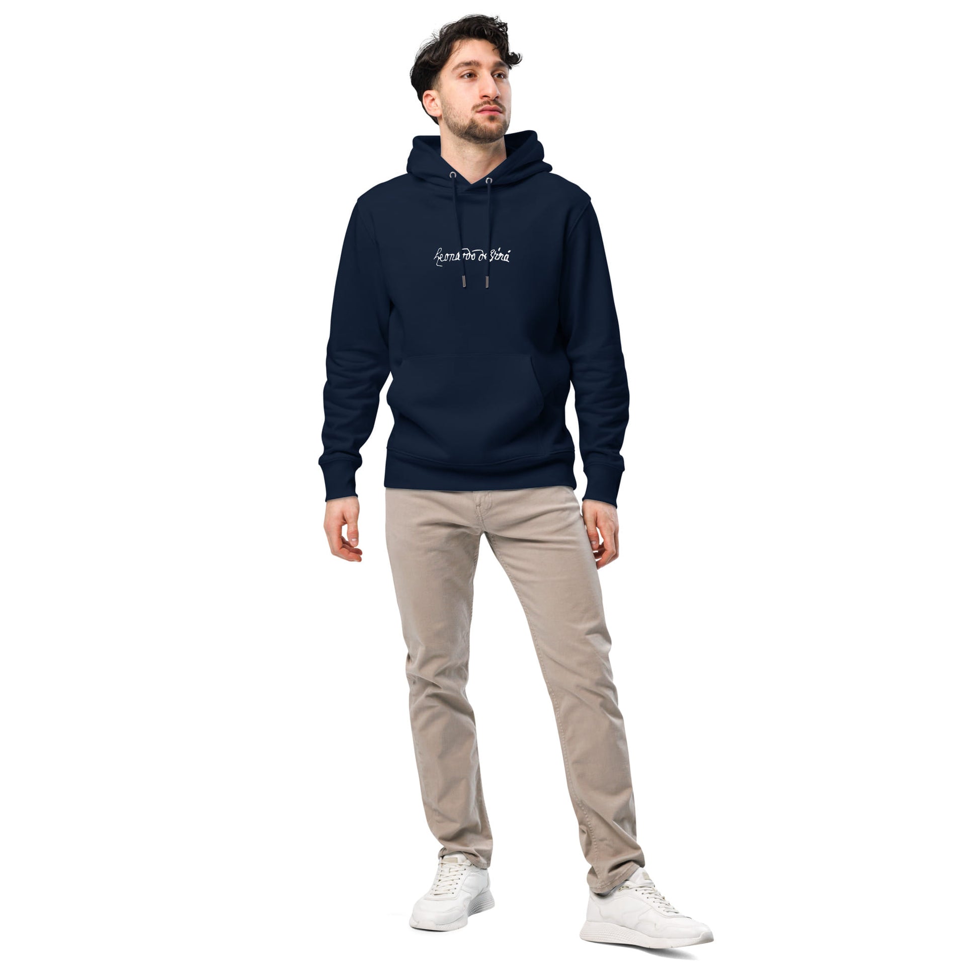 Leonardo da Vinci signature organic navy hoodie model view