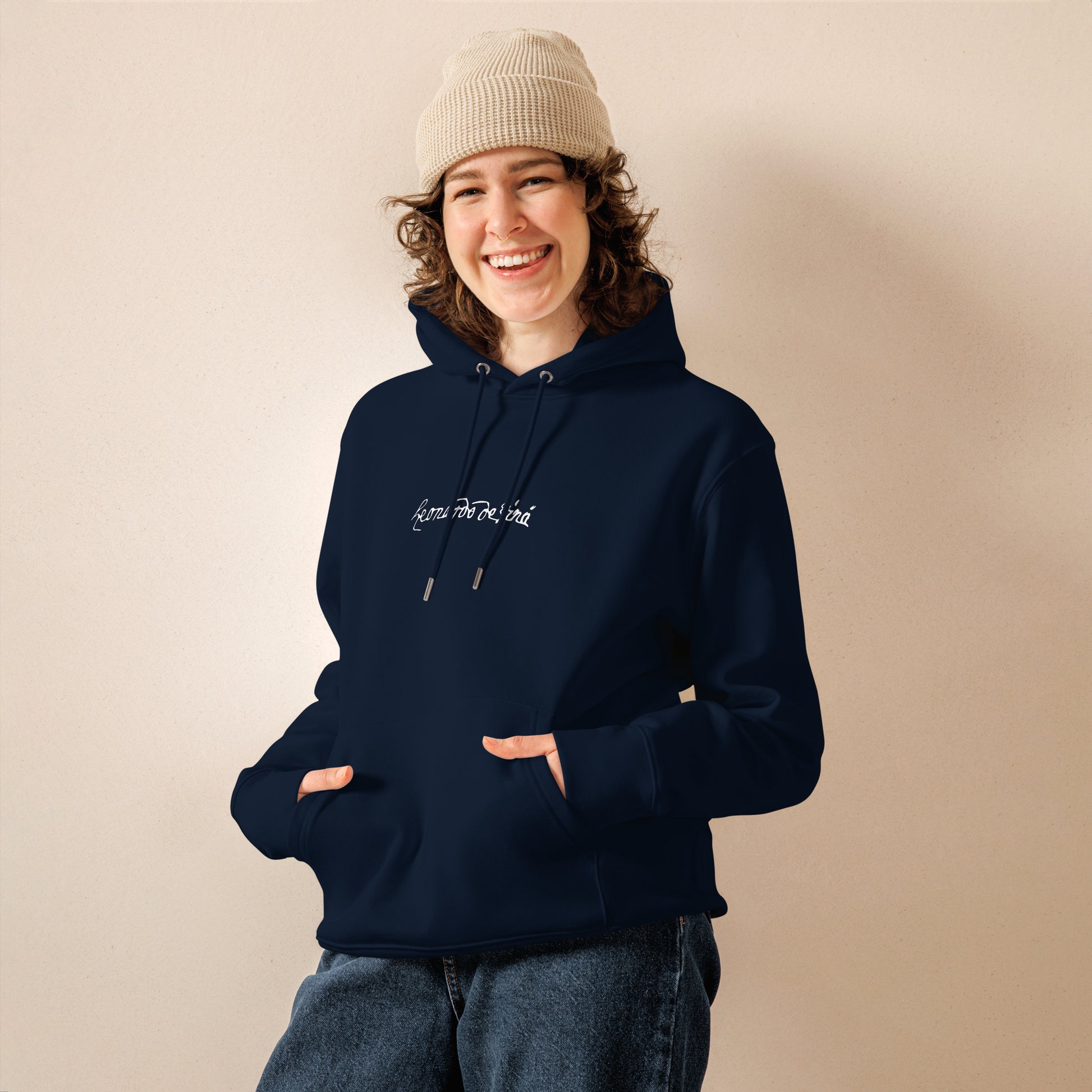 Leonardo da Vinci signature organic navy hoodie model front