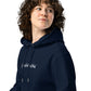 Leonardo da Vinci signature organic navy hoodie model detail