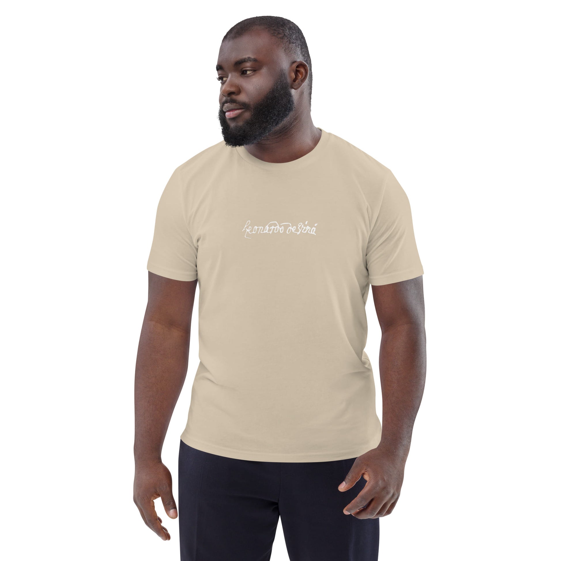 Leonardo da Vinci signature organic beige t-shirt model front
