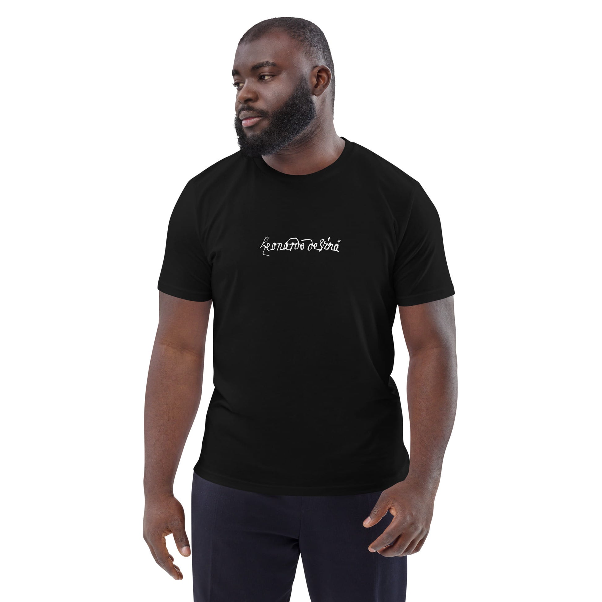 Leonardo da Vinci signature organic black t-shirt model front