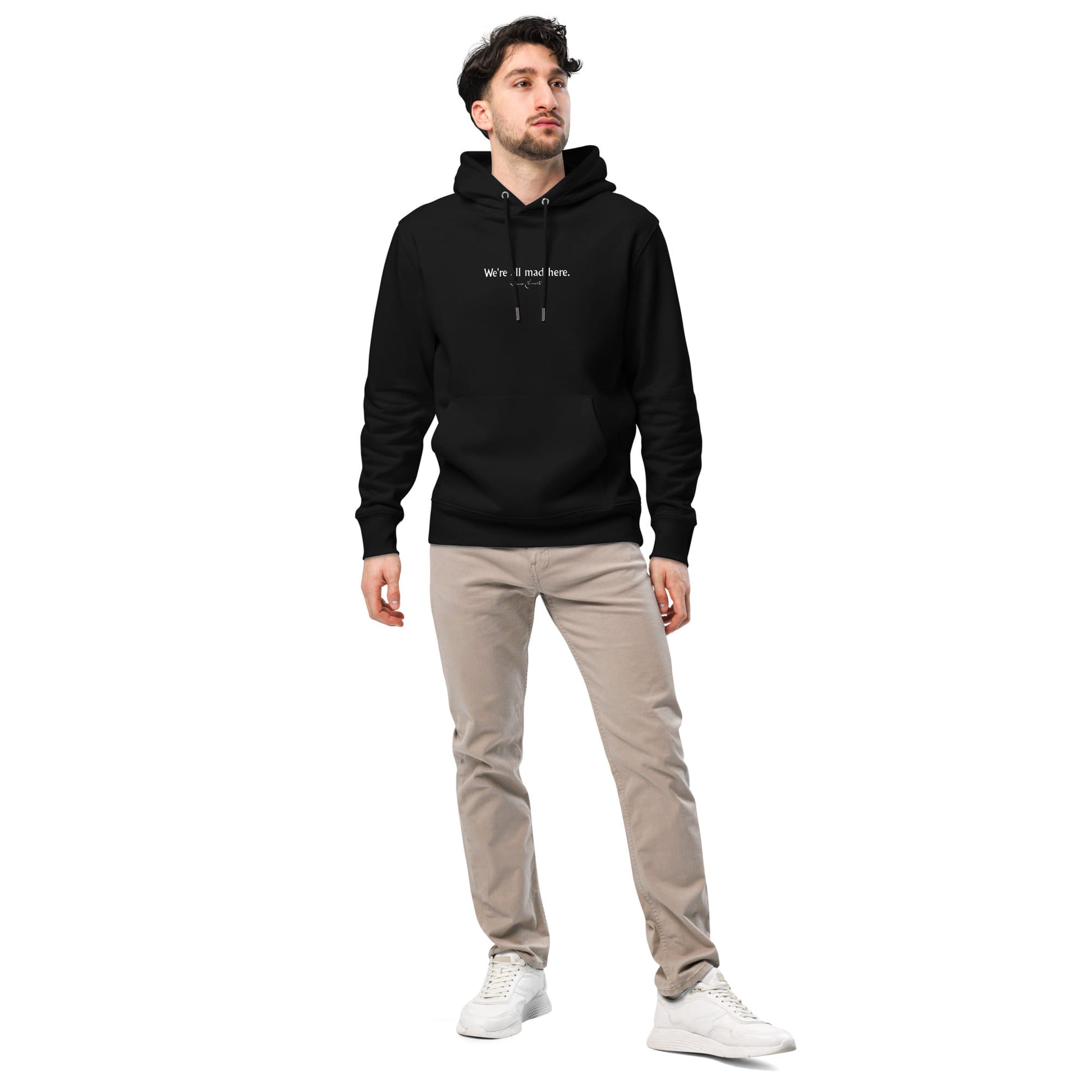 Alice in Wonderland quote hoodie 'We're all mad here' Lewis Carroll, black model view
