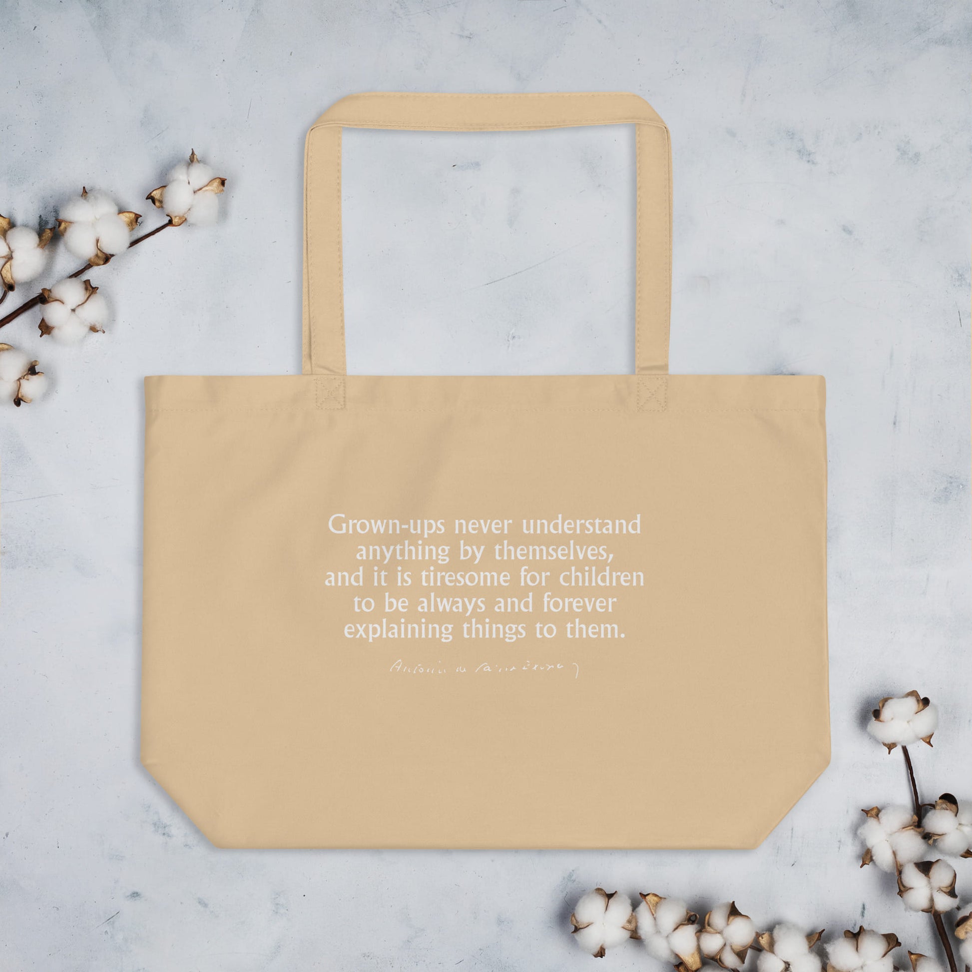 The Little Prince quote shopper 'Grown-ups never understand' Antoine de Saint-Exupéry, beige mockup