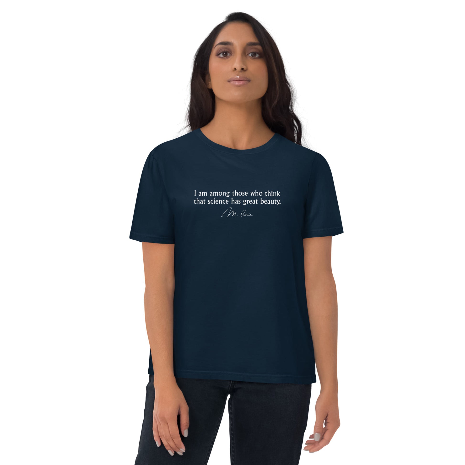Marie Curie quote t-shirt 'Science has great beauty', navy portrait