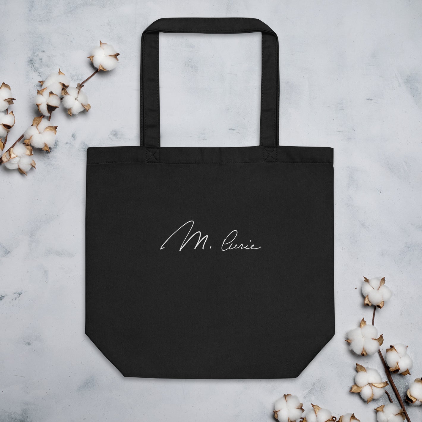 Marie Curie signature black tote bag lifestyle