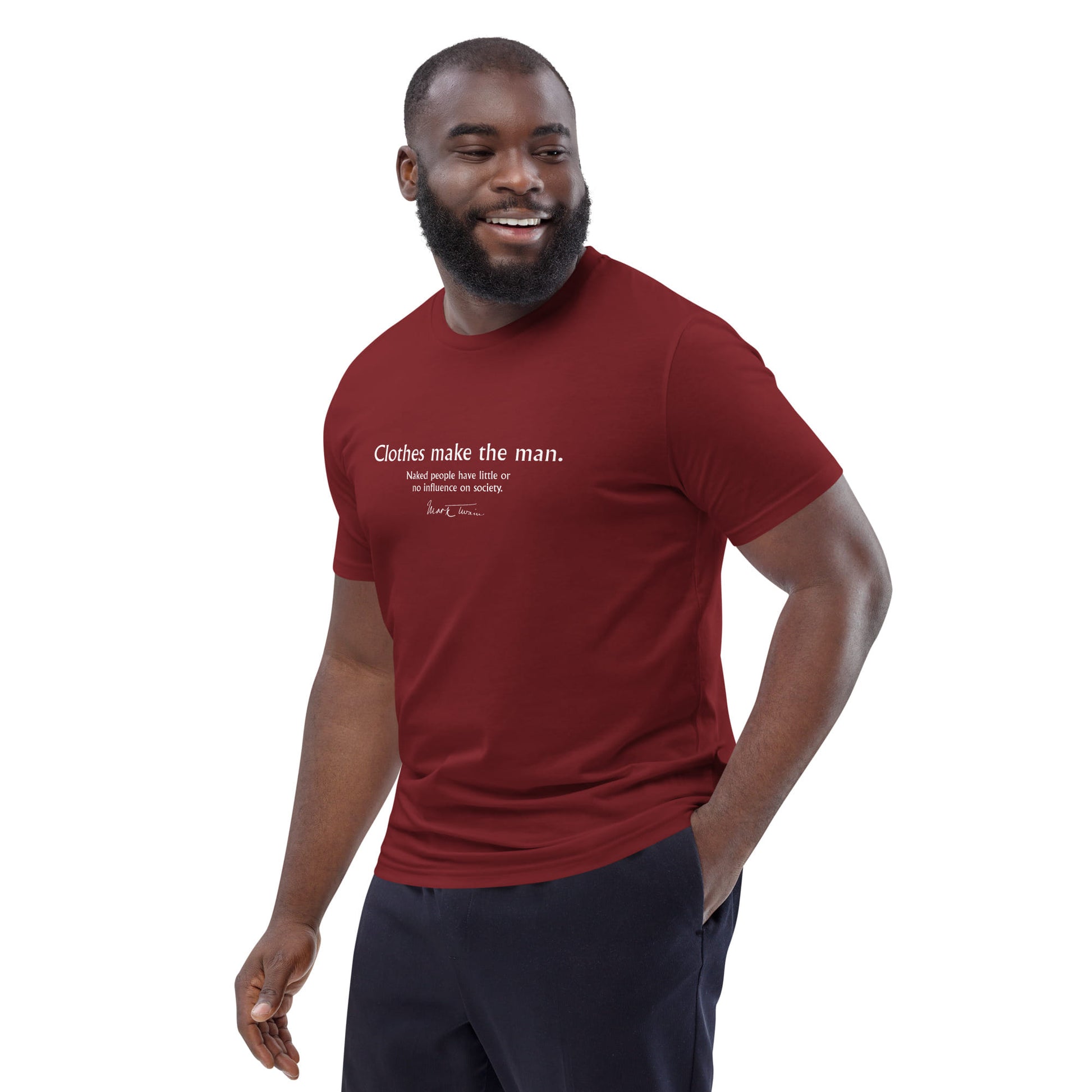 Mark Twain ironic quote t-shirt 'Clothes make the man', burgundy portrait