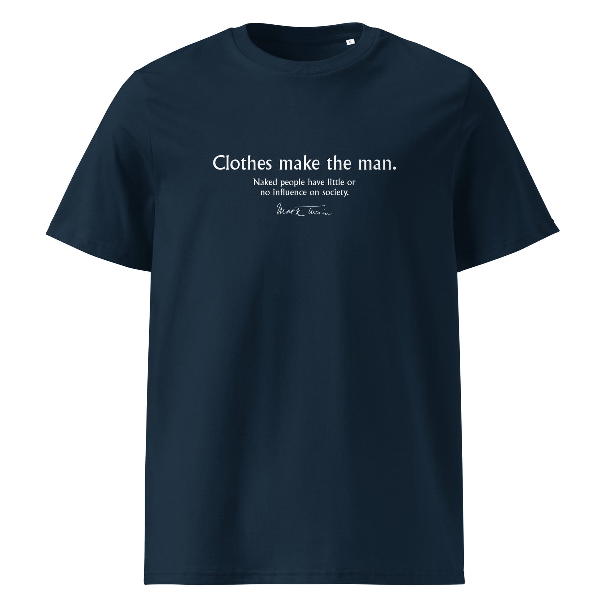 Mark Twain ironic quote t-shirt 'Clothes make the man', navy front