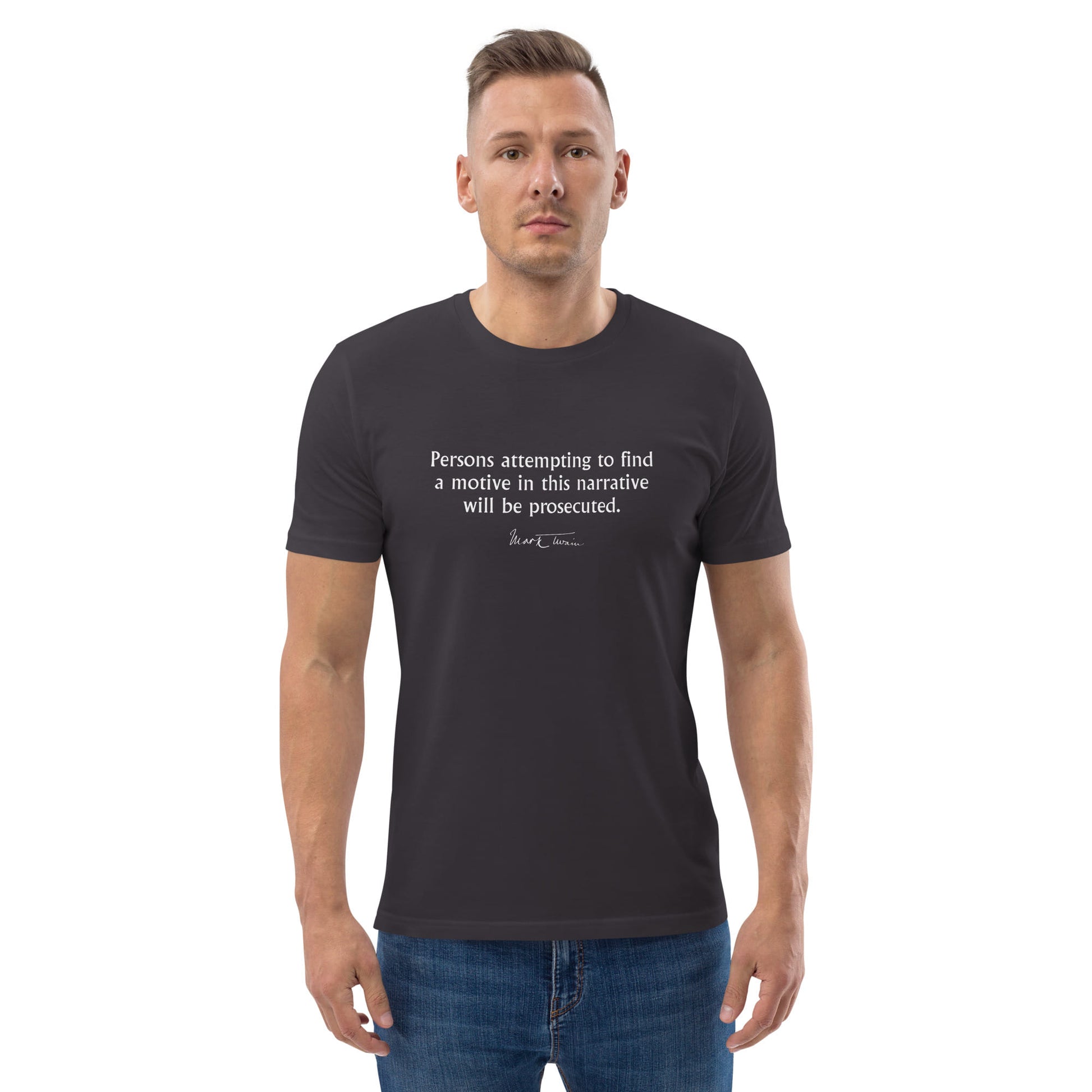 Mark Twain funny quote t-shirt 'Prosecuted', anthracite portrait