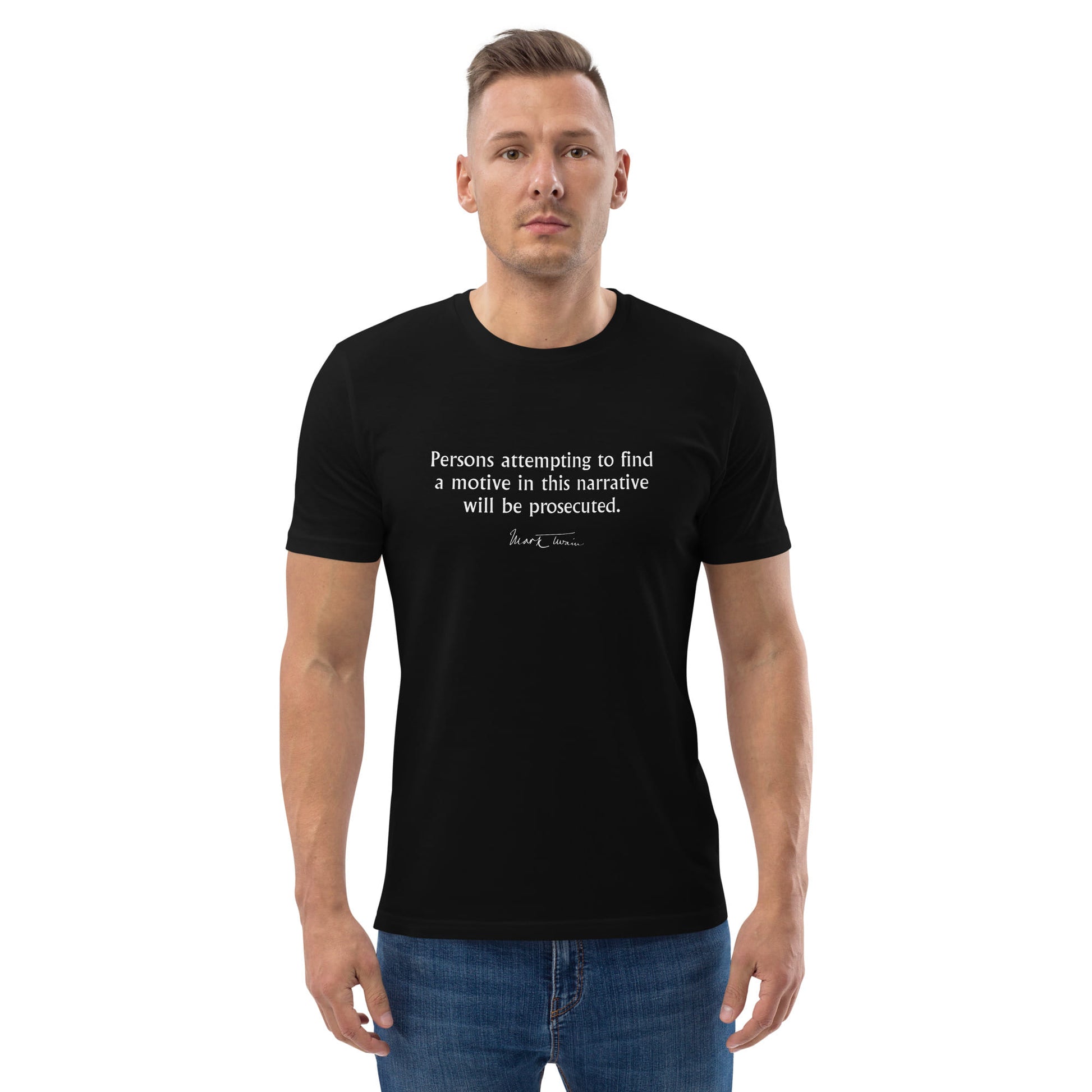 Mark Twain funny quote t-shirt 'Prosecuted', black portrait