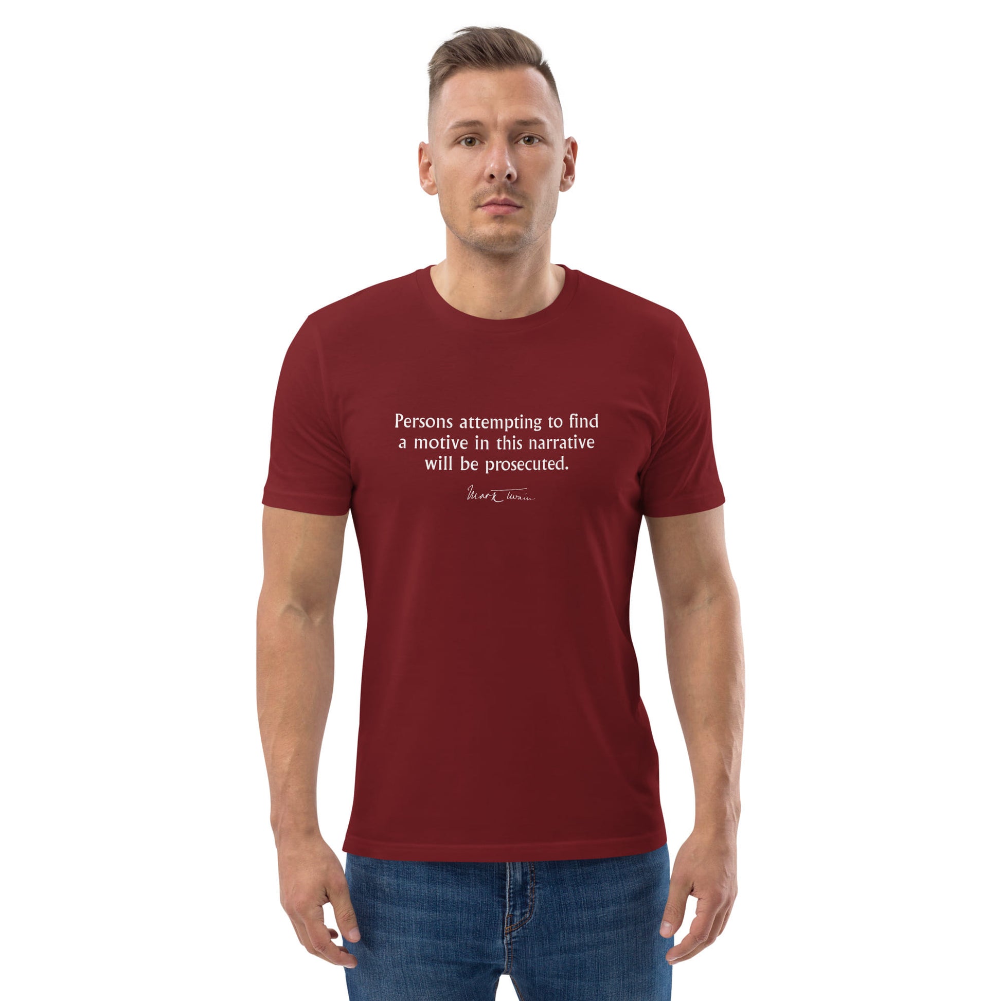 Mark Twain funny quote t-shirt 'Prosecuted', burgundy portrait