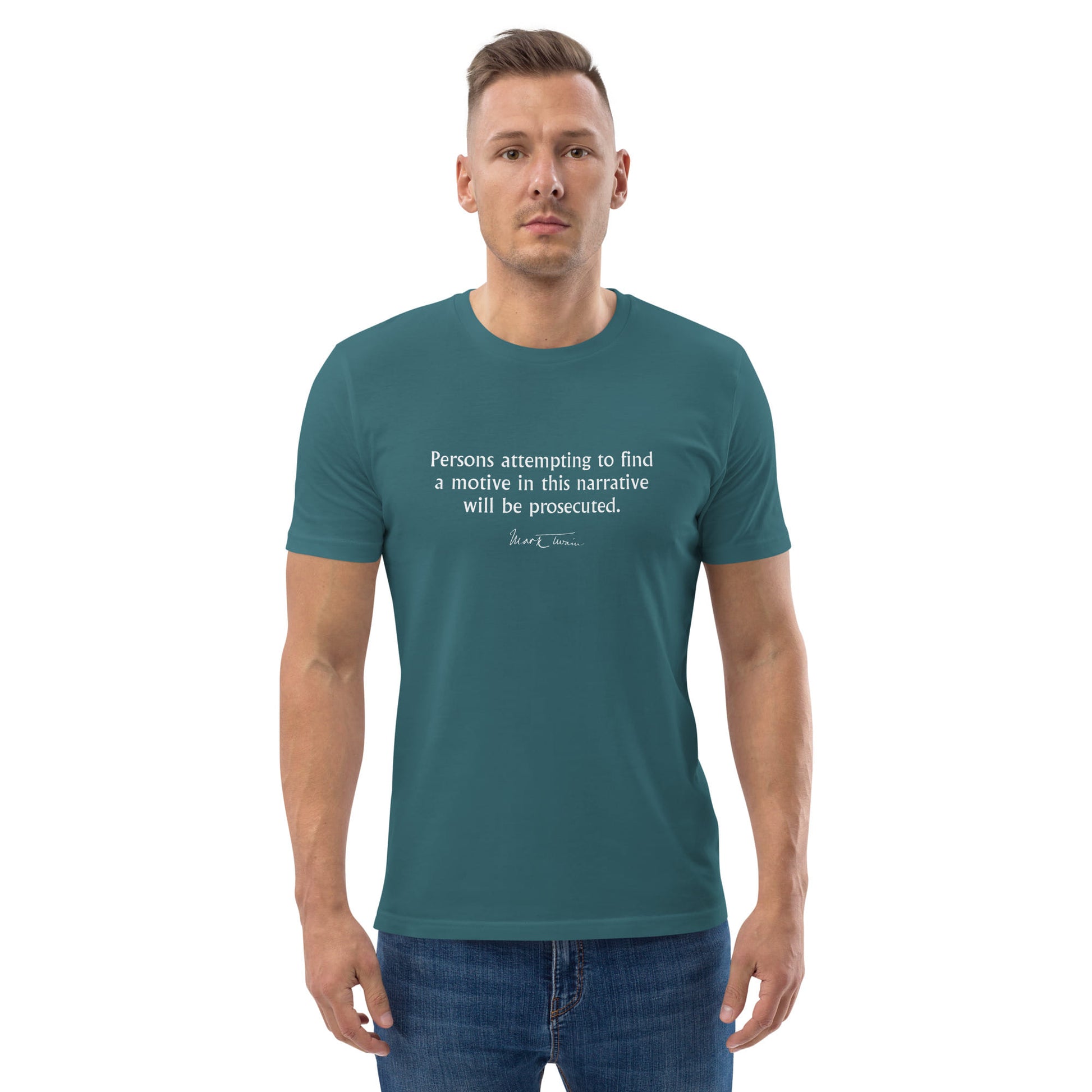 Mark Twain funny quote t-shirt 'Prosecuted', teal portrait