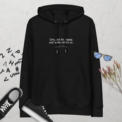 Mary Shelley quote hoodie 'Live and be happy' Frankenstein, black mockup