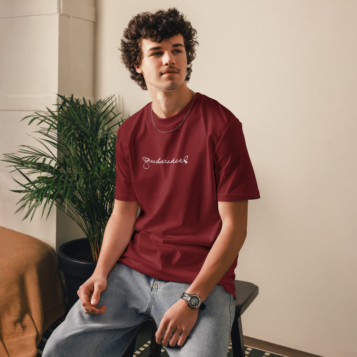 Model in red t-shirt mockup
