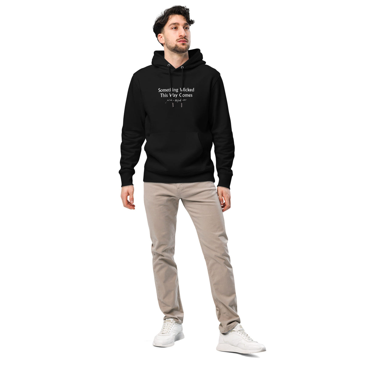 Shakespeare merchandise hoodie Macbeth 'Something Wicked This Way Comes', black model