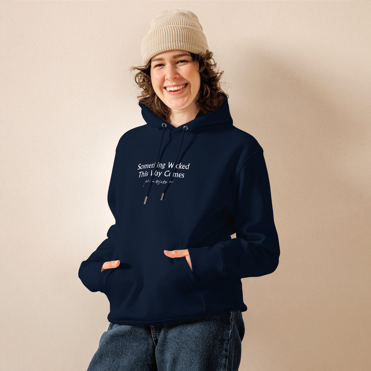 Shakespeare merchandise hoodie Macbeth 'Something Wicked This Way Comes', navy mockup