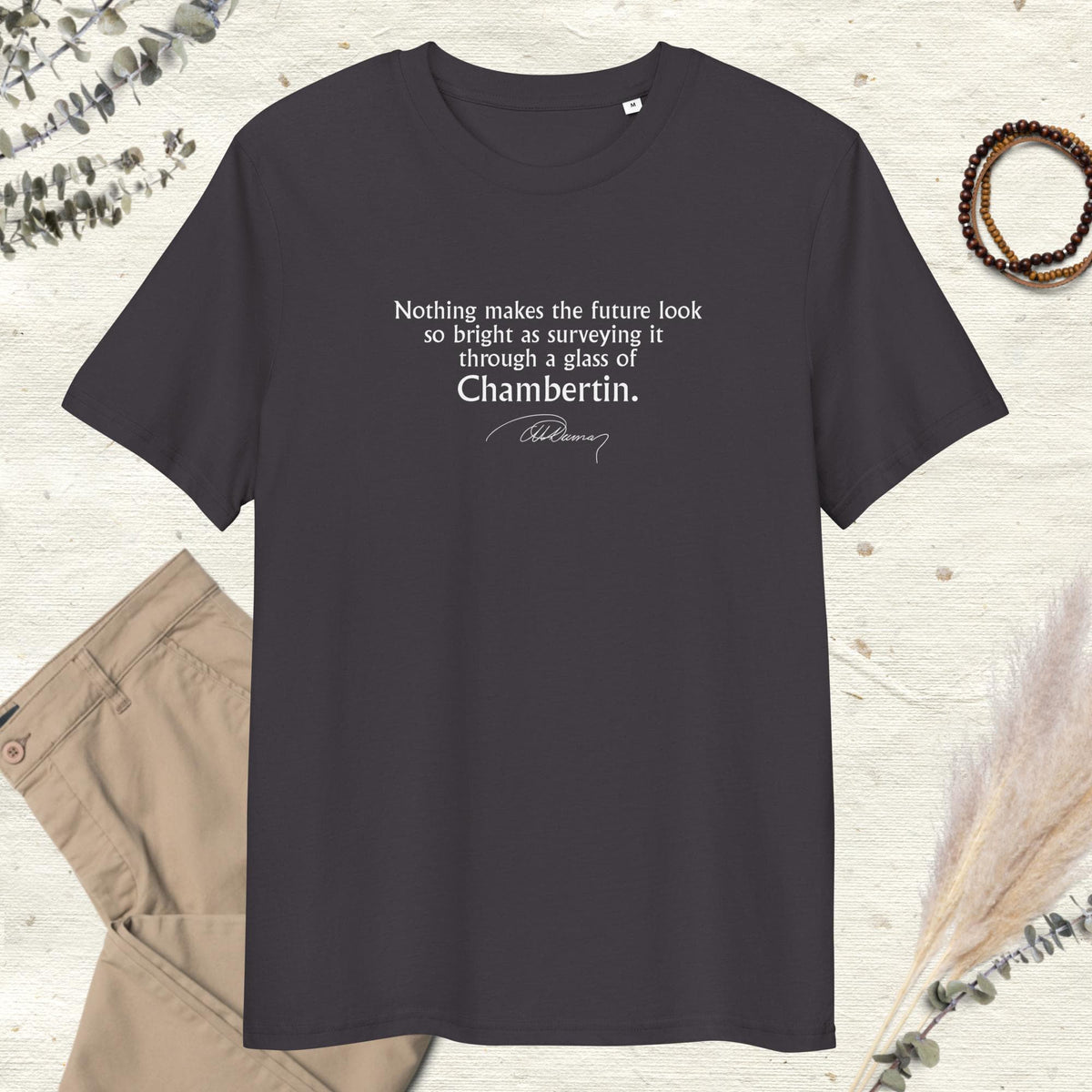 Three Musketeers quote T-shirt "Through a glass of Chambertin", Alexandre Dumas, anthracite mockup