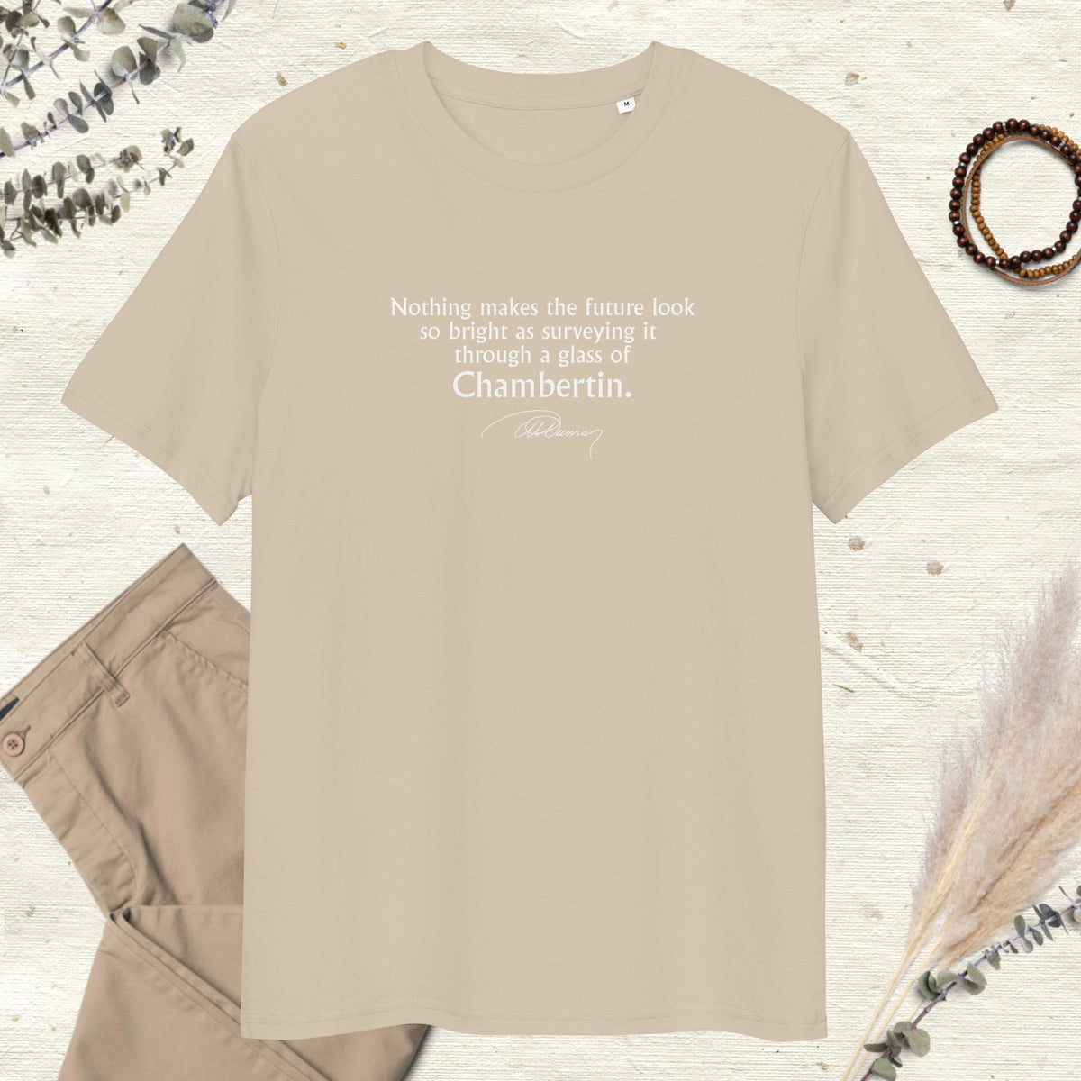 Three Musketeers quote T-shirt "Through a glass of Chambertin", Alexandre Dumas, beige mockup