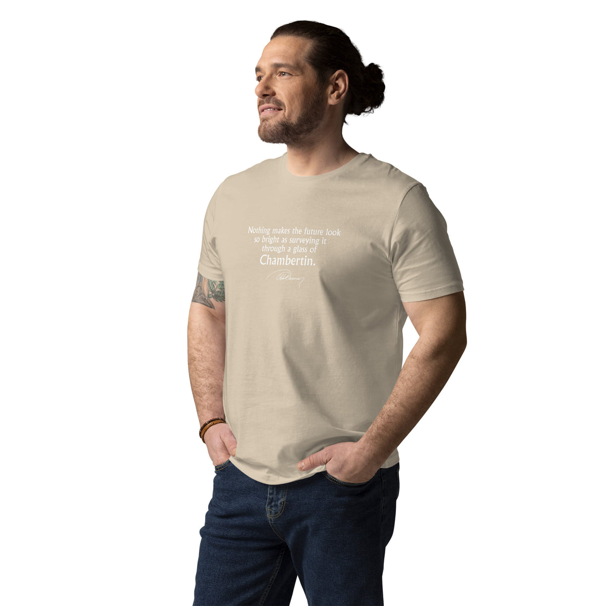 Three Musketeers quote T-shirt "Through a glass of Chambertin", Alexandre Dumas, beige portrait