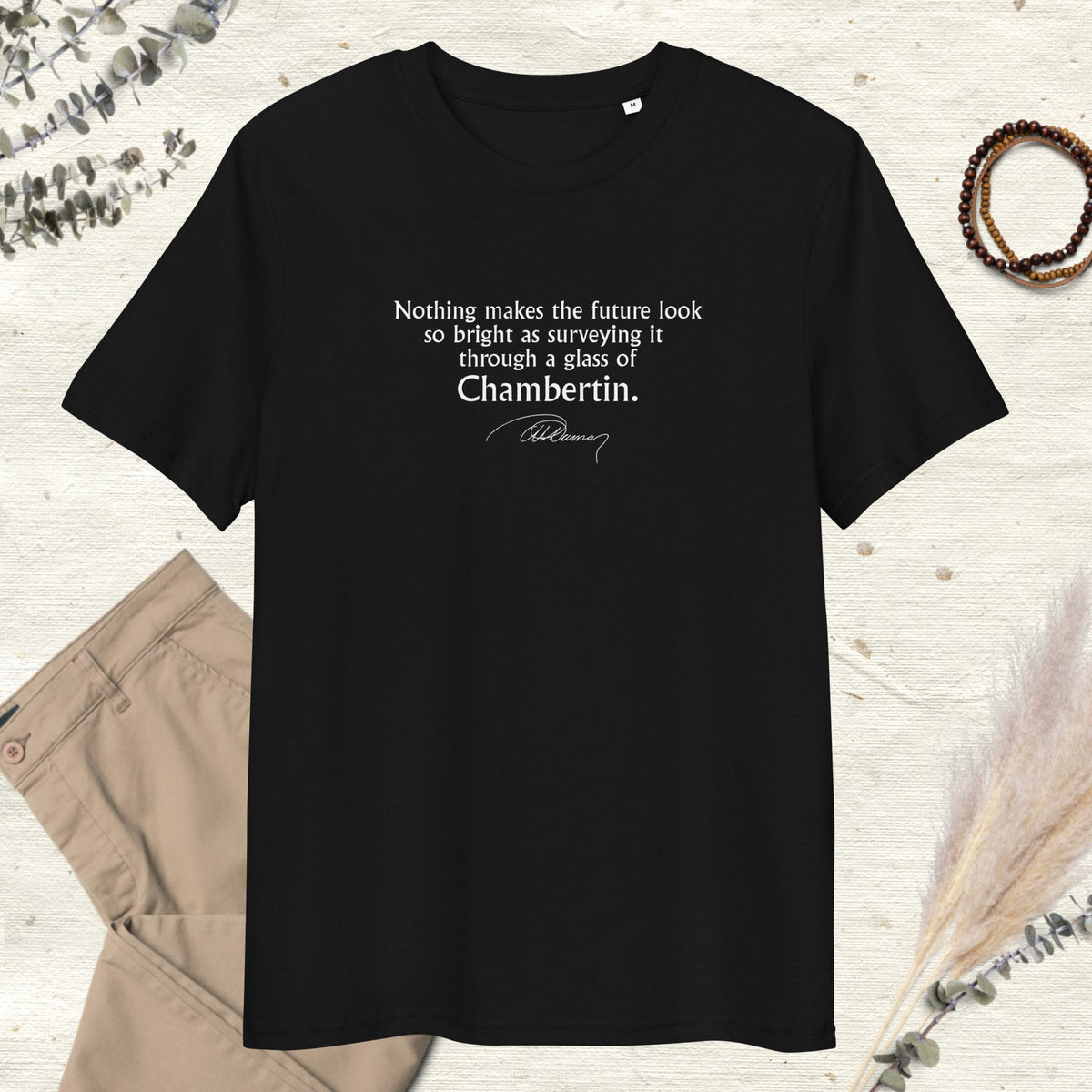 Three Musketeers quote T-shirt "Through a glass of Chambertin", Alexandre Dumas, black mockup