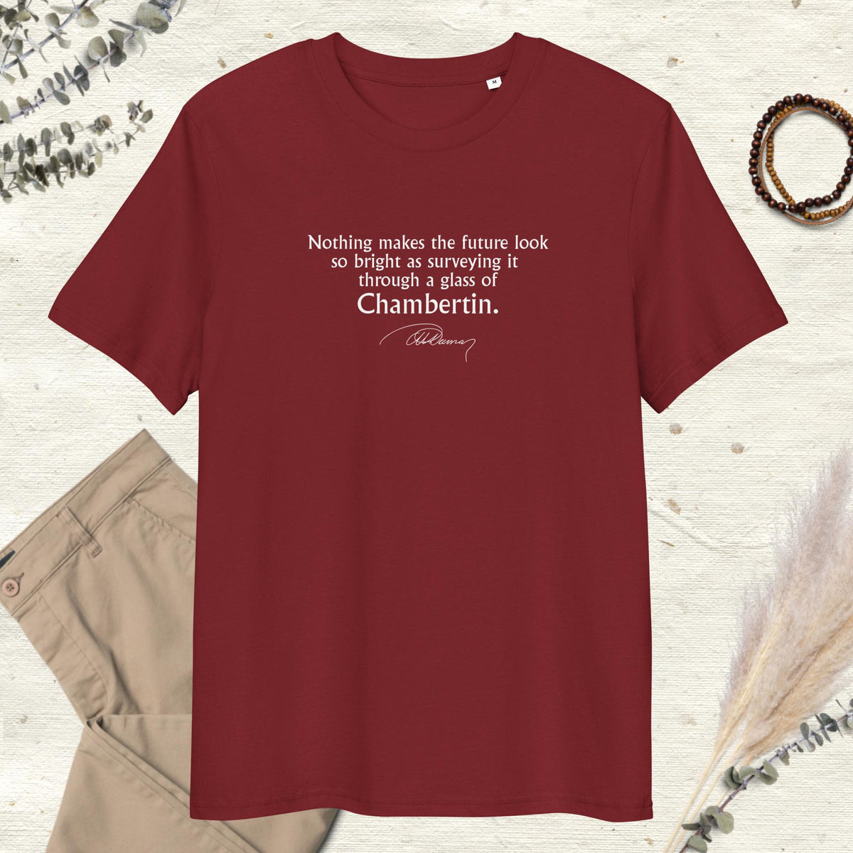 Three Musketeers quote T-shirt "Through a glass of Chambertin", Alexandre Dumas, burgundy mockup