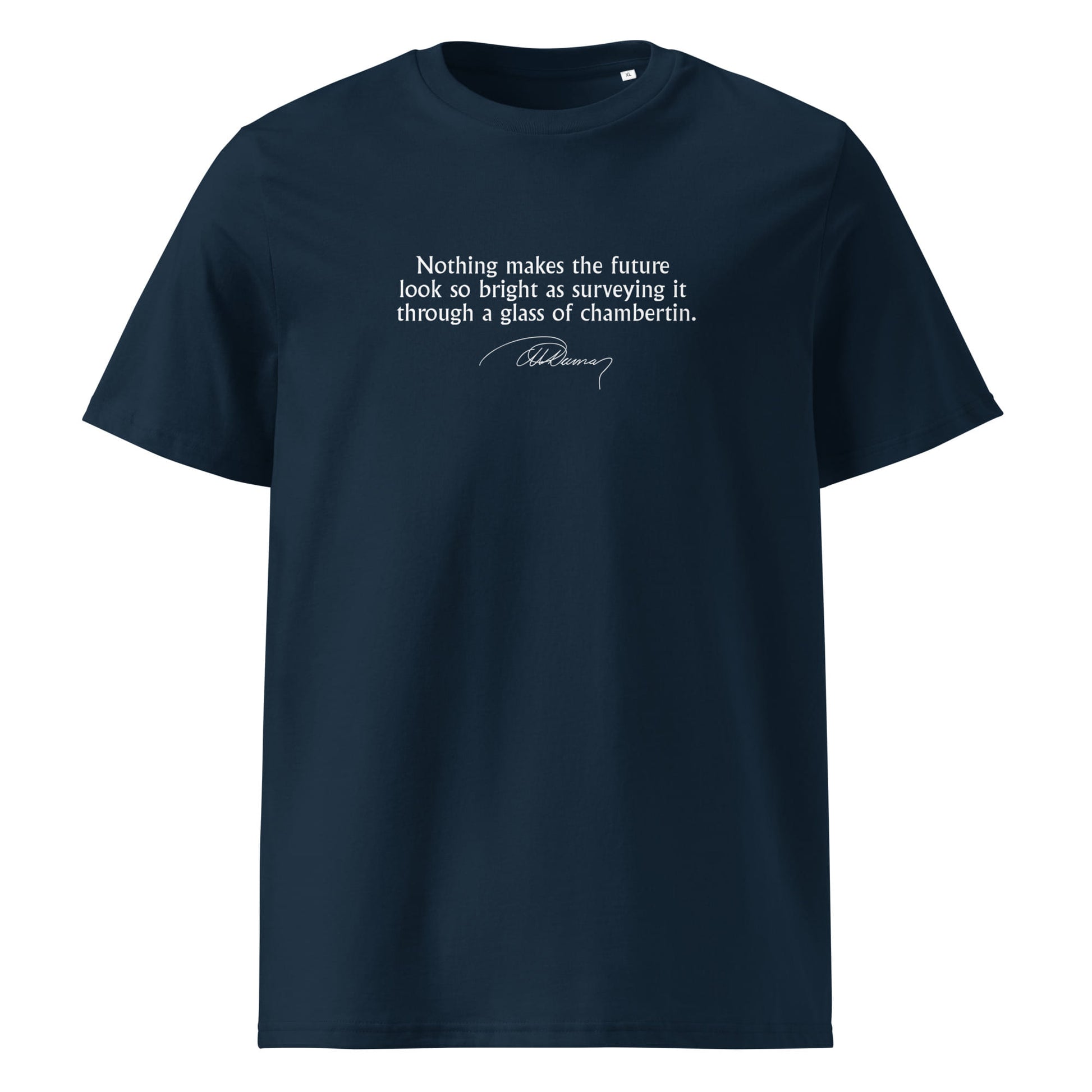 Three Musketeers quote t-shirt 'Glass of chambertin' Alexandre Dumas, navy front
