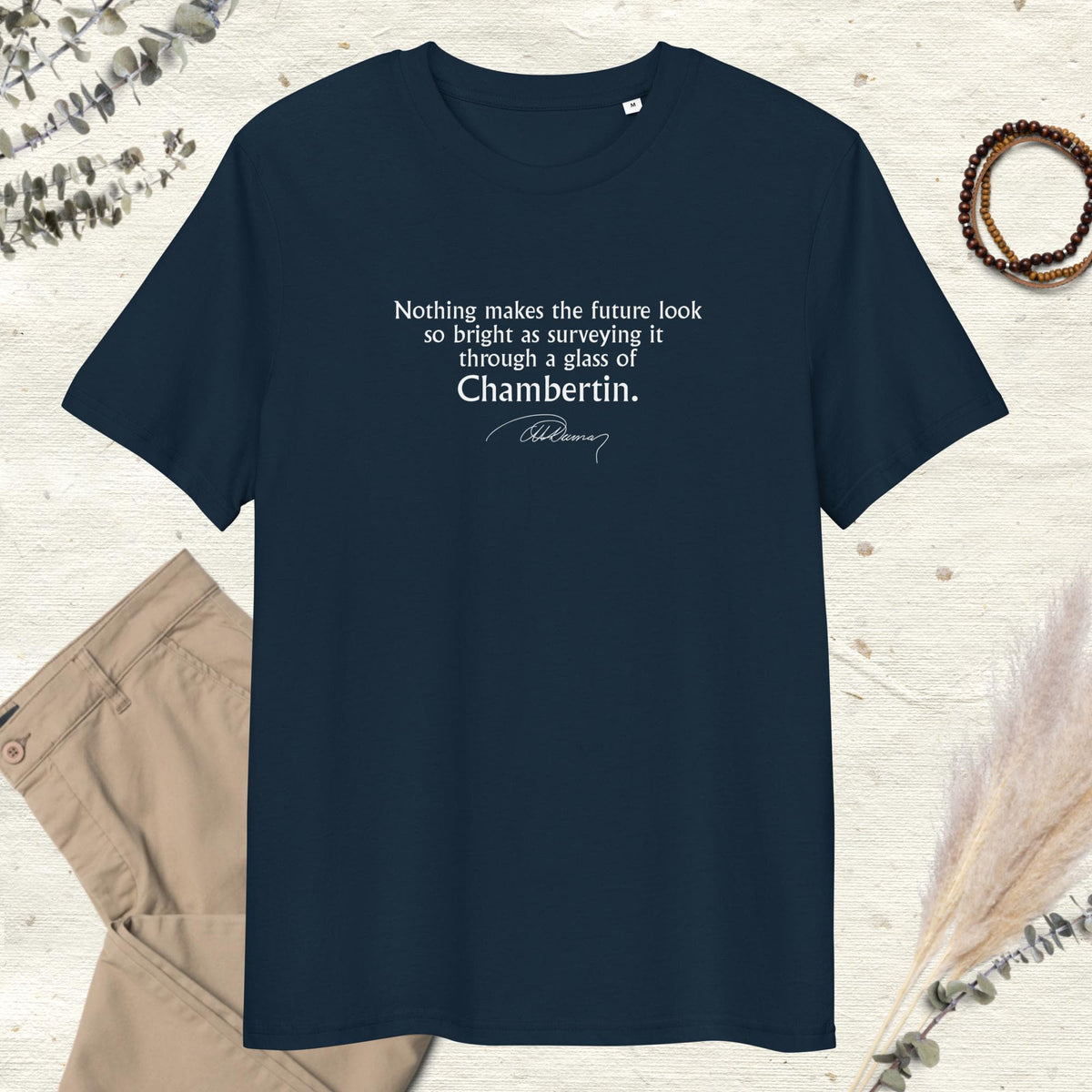 Three Musketeers quote T-shirt "Through a glass of Chambertin", Alexandre Dumas, navy mockup