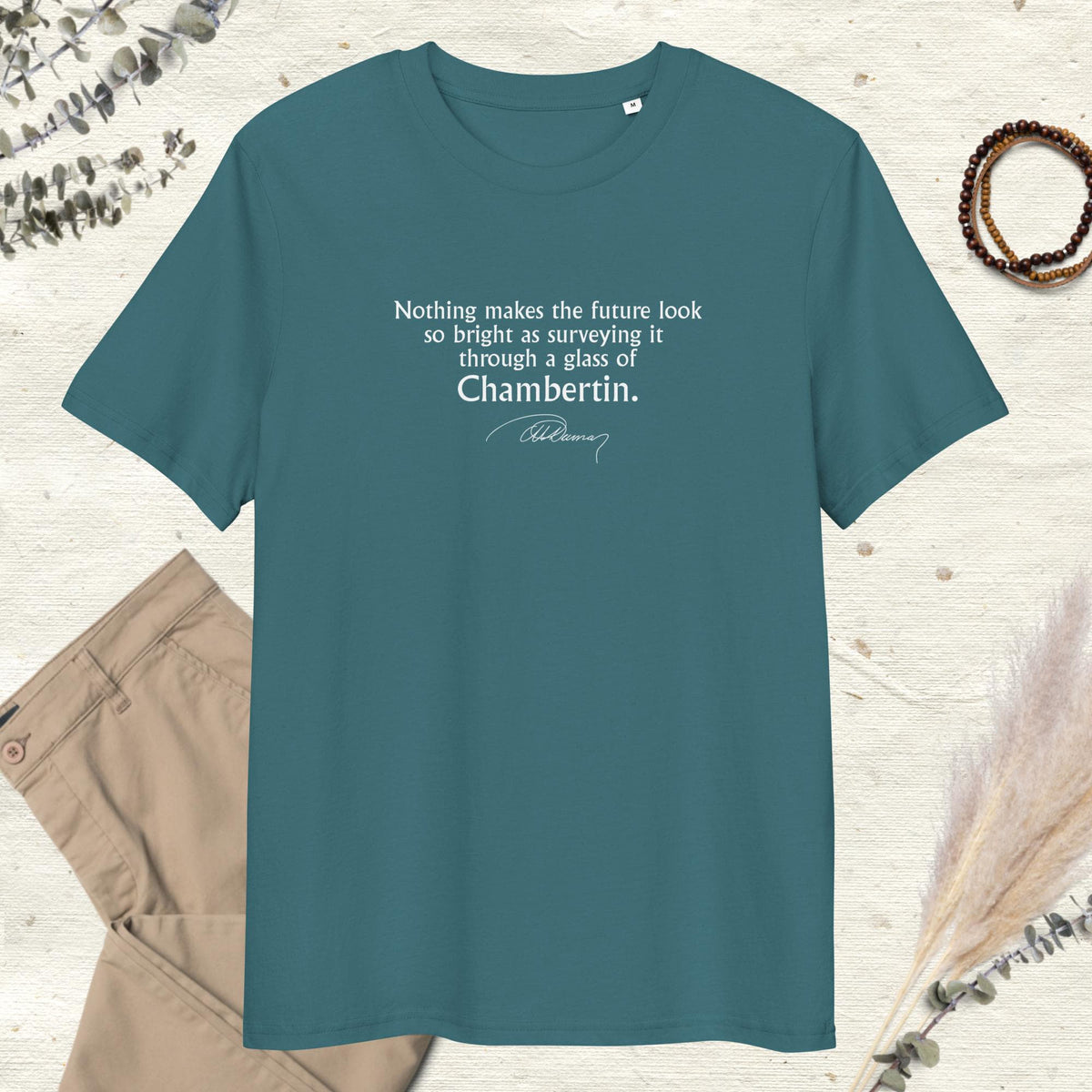 Three Musketeers quote T-shirt "Through a glass of Chambertin", Alexandre Dumas, teal mockup