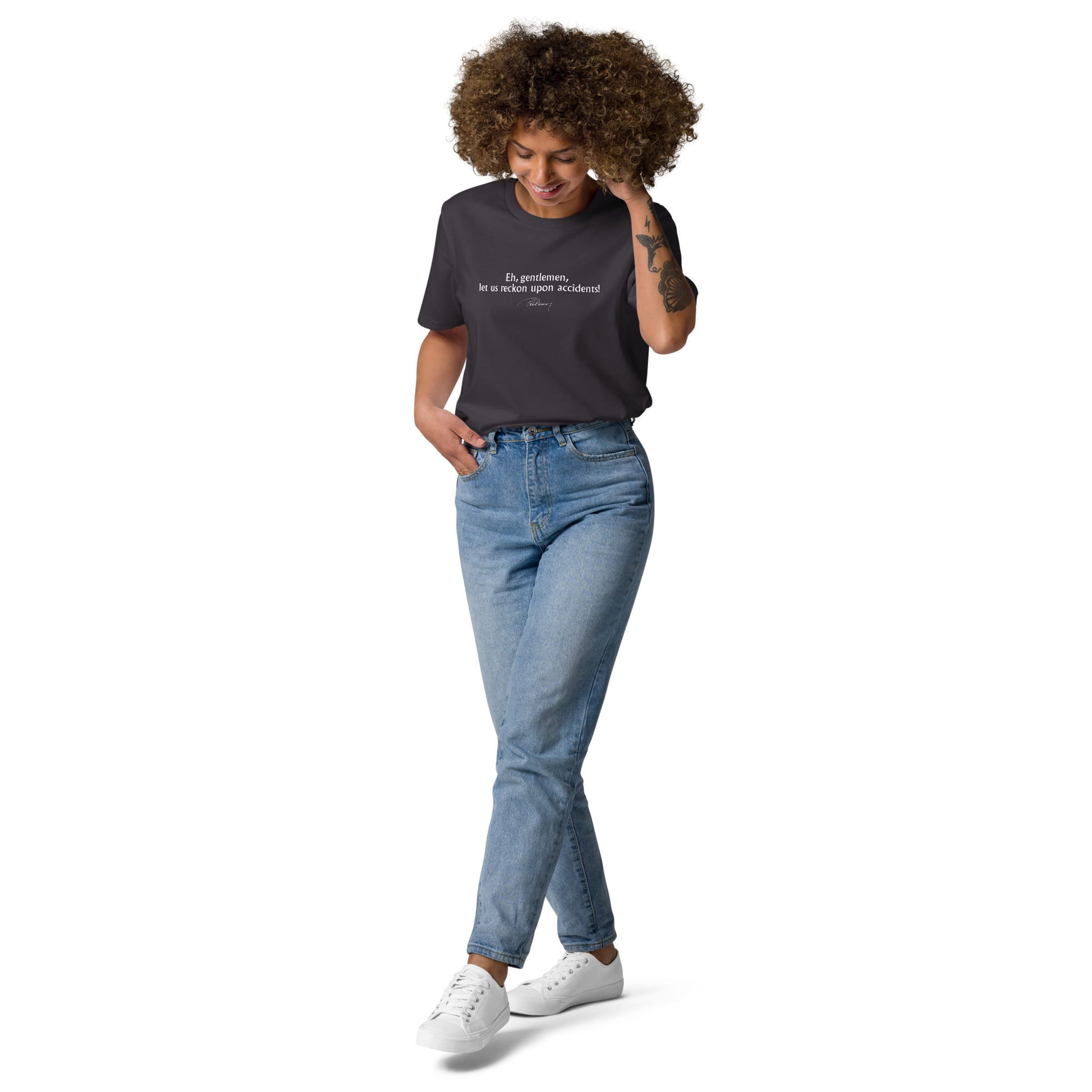 Three Musketeers quote t-shirt 'Let us reckon upon accidents' Alexandre Dumas, anthracite model view