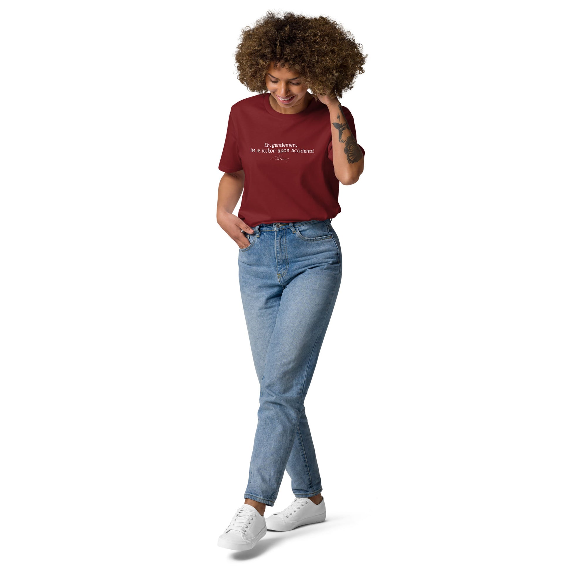 Three Musketeers quote t-shirt 'Let us reckon upon accidents' Alexandre Dumas, burgundy model view