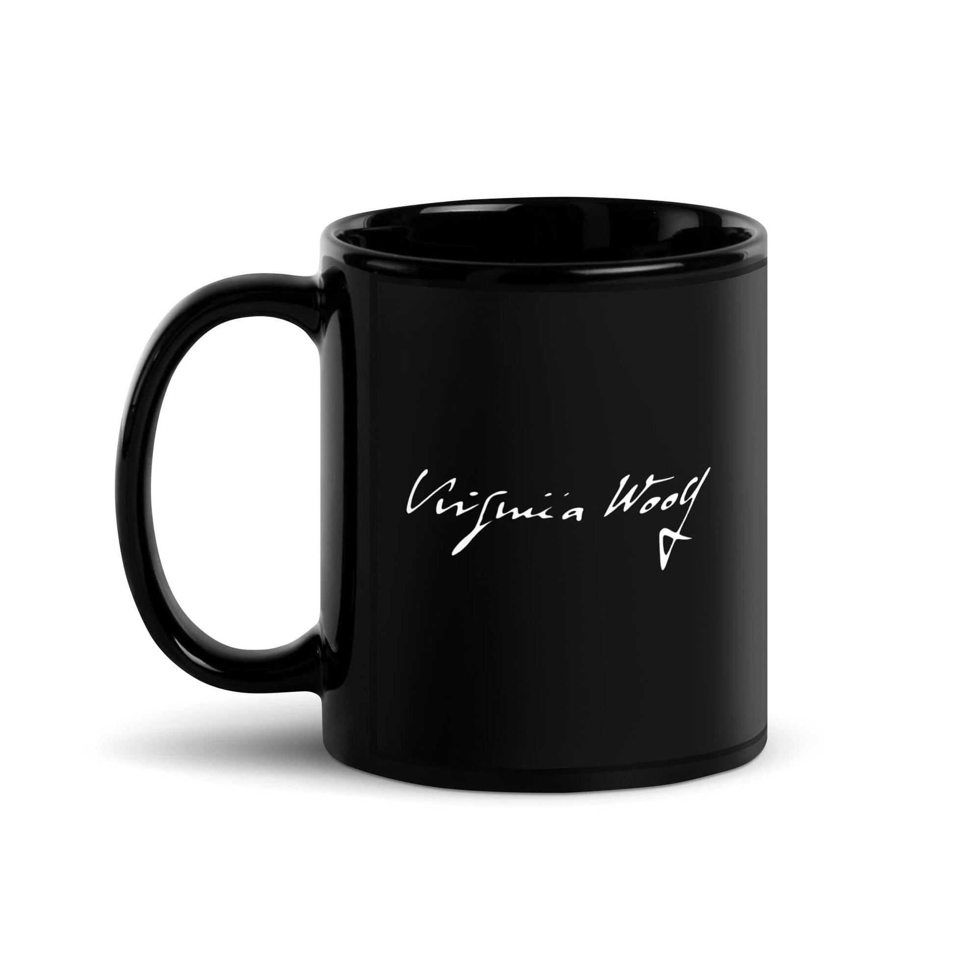 A Room of One's Own quote mug 'No need to be anybody but oneself' Virginia Woolf, black left