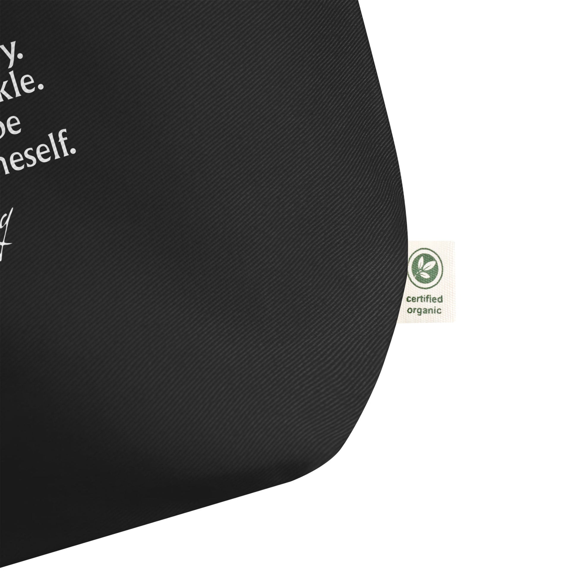 Virginia Woolf quote shopper bag 'No need to hurry. No need to sparkle.', black detail