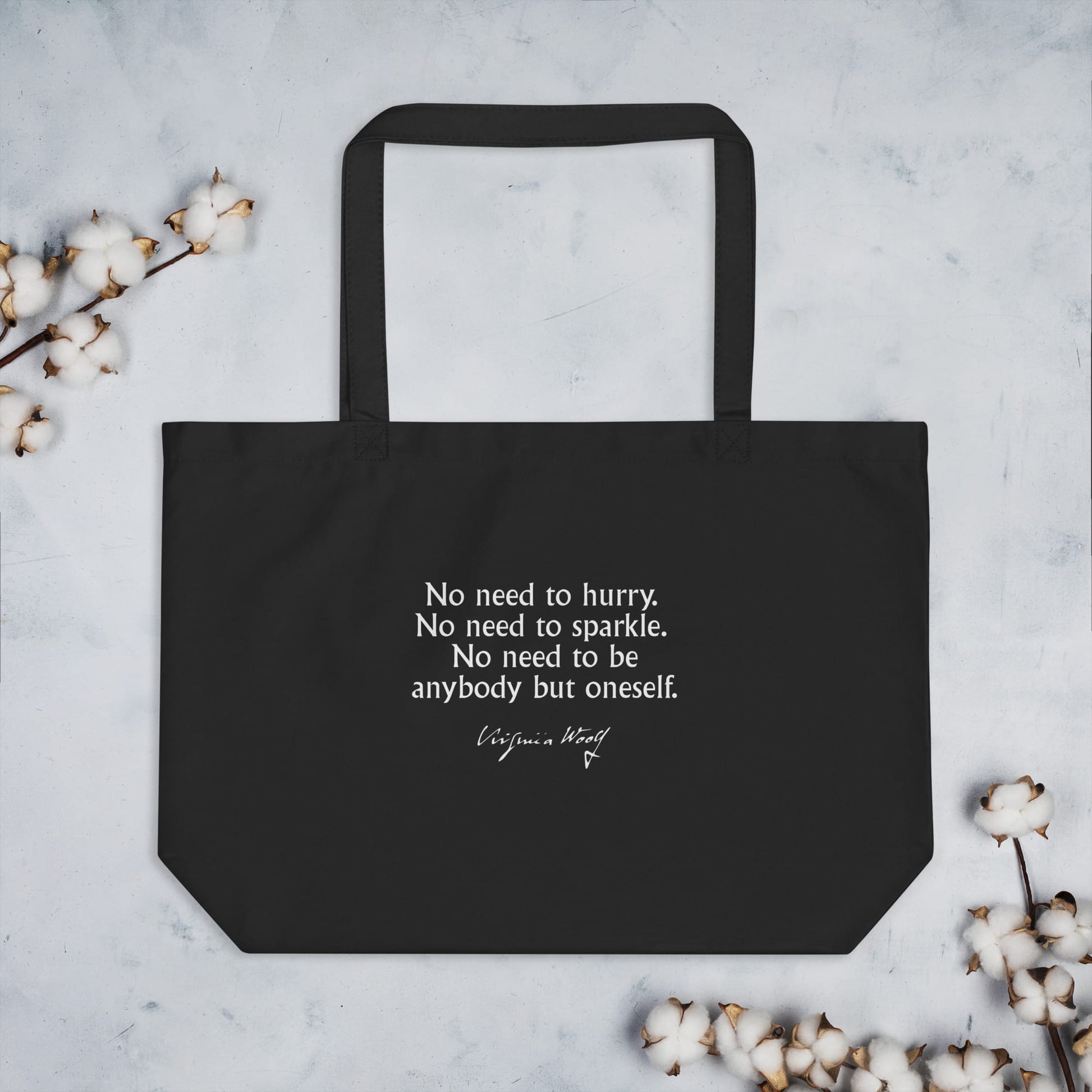 Virginia Woolf quote shopper bag 'No need to hurry. No need to sparkle.', black mockup