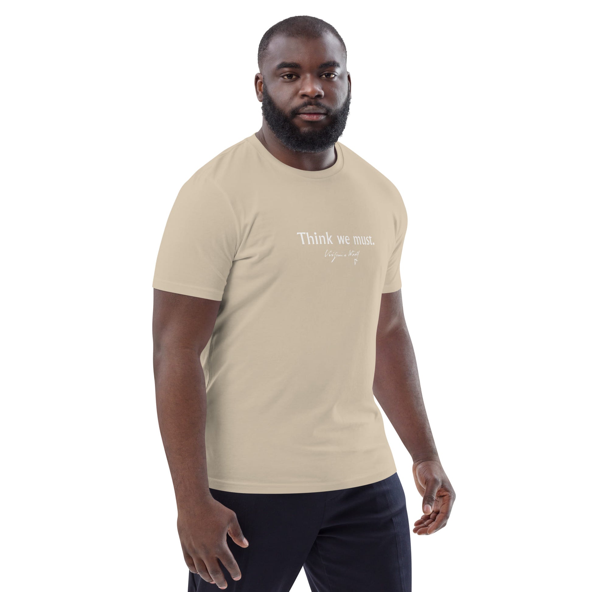 Three Guineas quote t-shirt 'Think we must' Virginia Woolf, beige portrait