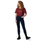 Three Guineas quote t-shirt 'Think we must' Virginia Woolf, burgundy model view